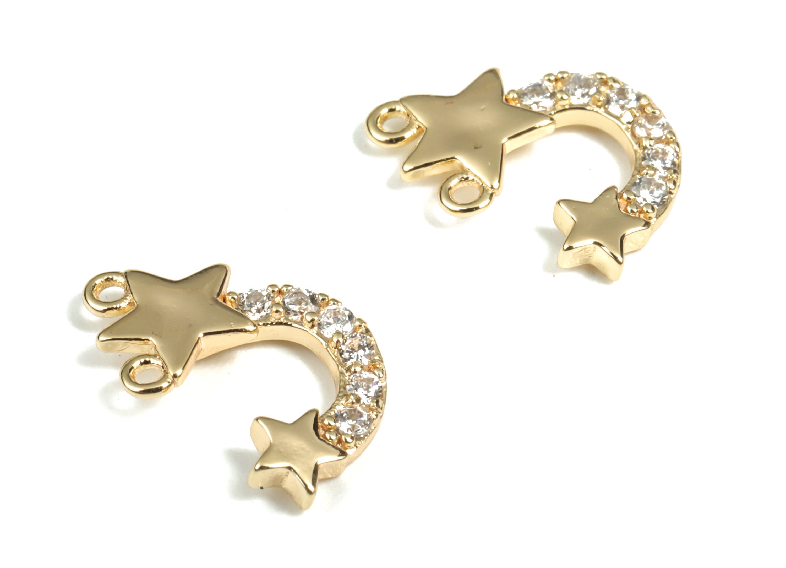 Brass Star Crescent Earring Connector With Zircons - 18K Real Gold Plated Brass Star Charms - Jewelry Supplies – 13.34x6.05x2.03mm - RGP2930 - DOMEDBAZAAR