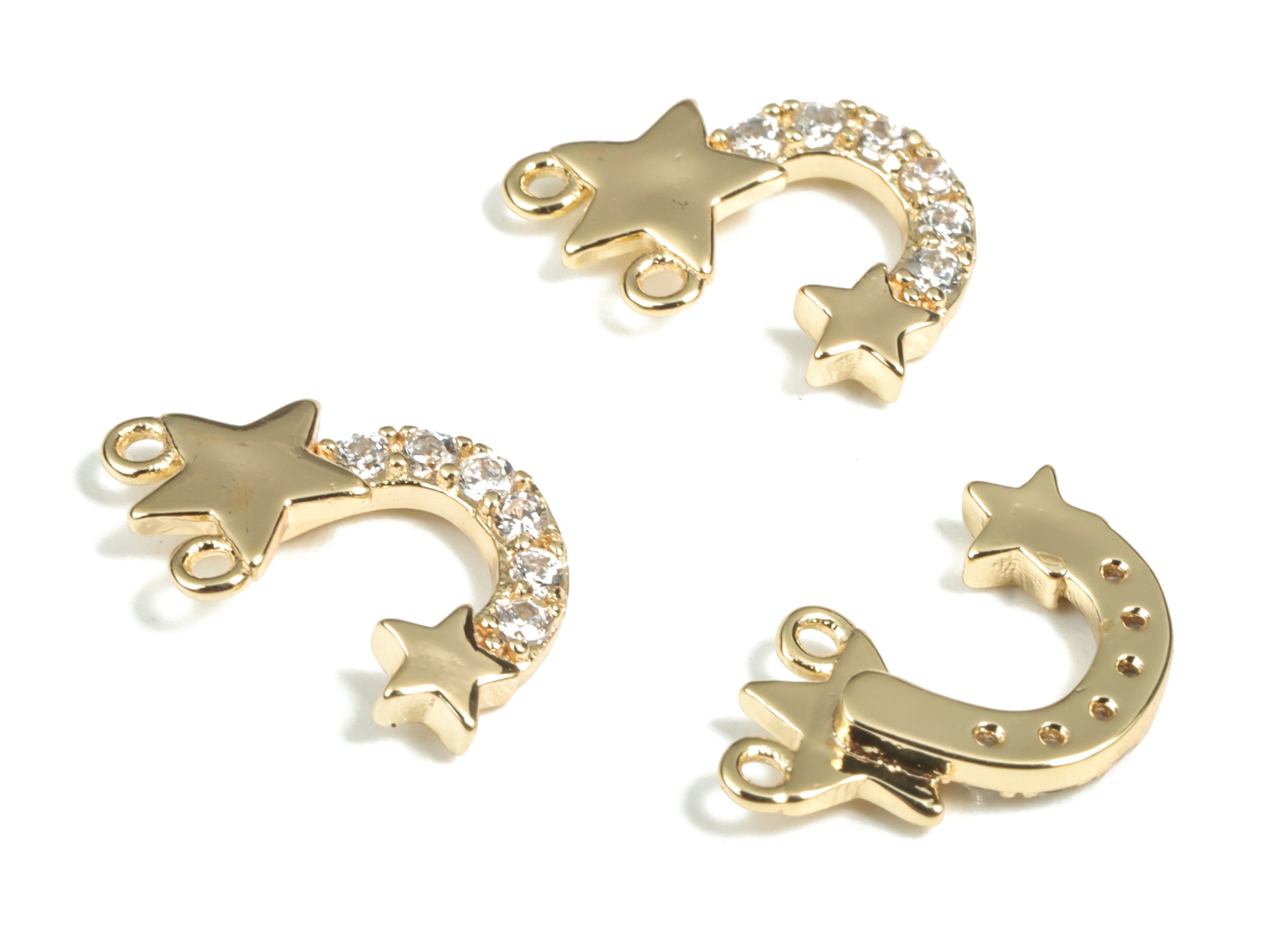 Brass Star Crescent Earring Connector With Zircons - 18K Real Gold Plated Brass Star Charms - Jewelry Supplies – 13.34x6.05x2.03mm - RGP2930 - DOMEDBAZAAR