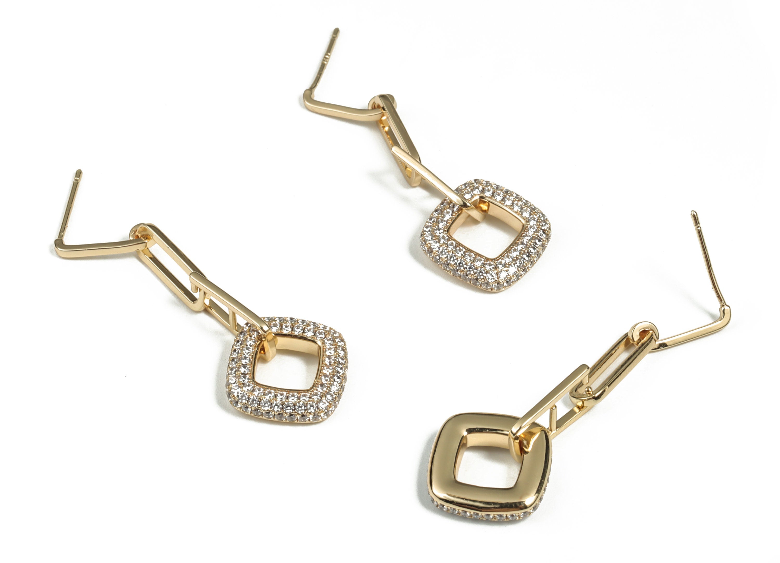 Brass Square Earring Stud With Zircons - 18K Real Gold Plated Brass Rectangle Post – 925 Silver Stud - 45.42x15.97x3.25mm - RGP2998 - DOMEDBAZAAR