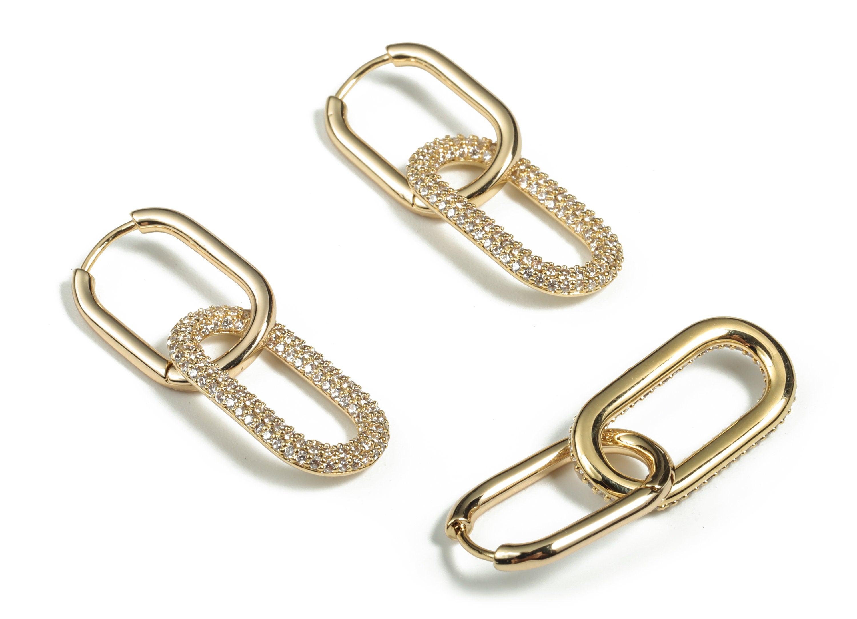 Brass Double Rectangle Earring Clap With Zircons - 18K Real Gold Plated Brass Rectangle Pendant - Jewelry Supplies – 33x13x2mm - RGP3003 - DOMEDBAZAAR