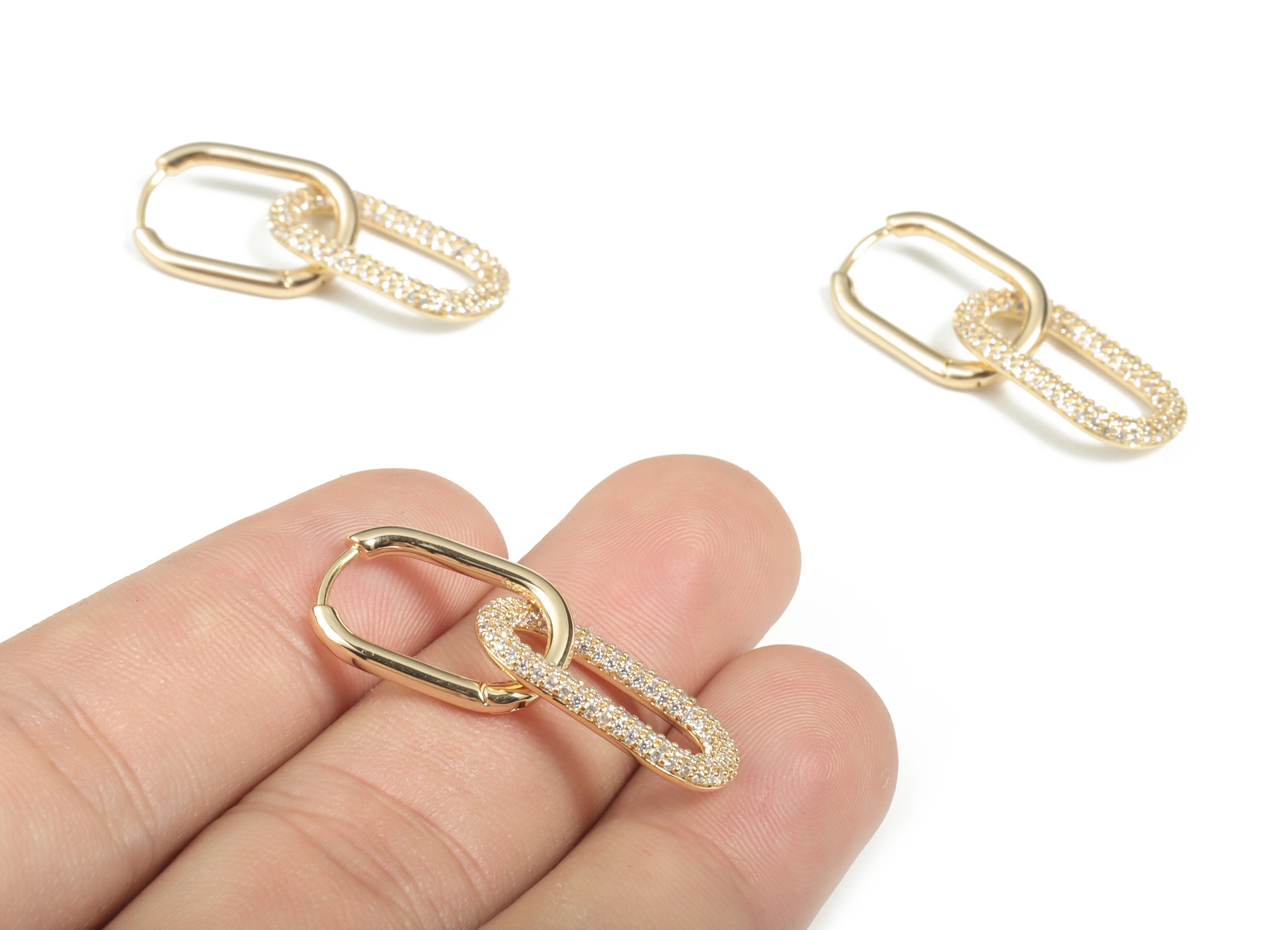 Brass Double Rectangle Earring Clap With Zircons - 18K Real Gold Plated Brass Rectangle Pendant - Jewelry Supplies – 33x13x2mm - RGP3003 - DOMEDBAZAAR