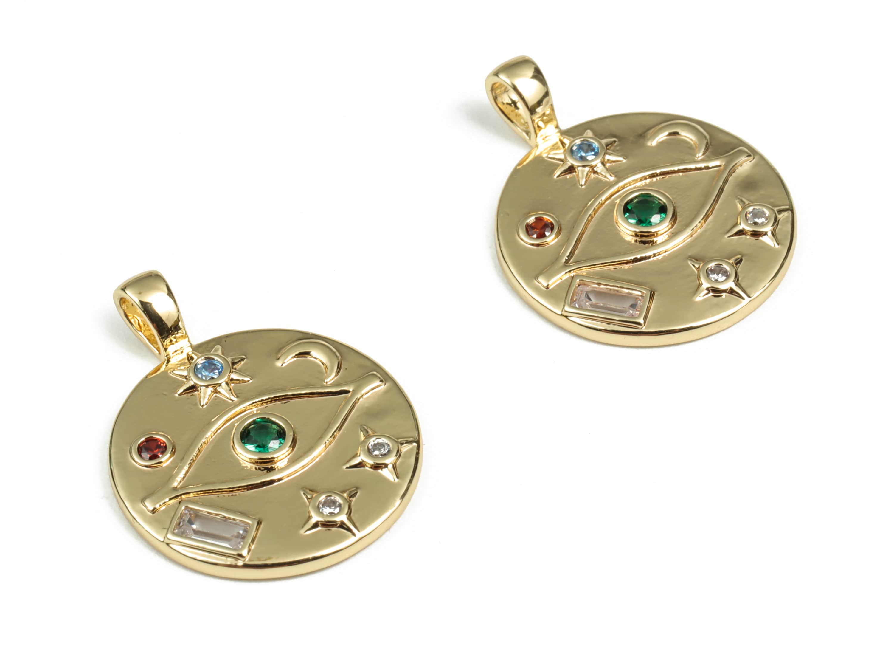 Brass Round Eye Earring Charms With Zircon – Gold Circle Moon Pendant - 18K Real Gold Plated Brass – 21.89x17.28x2.16mm - RGP3015 - DOMEDBAZAAR