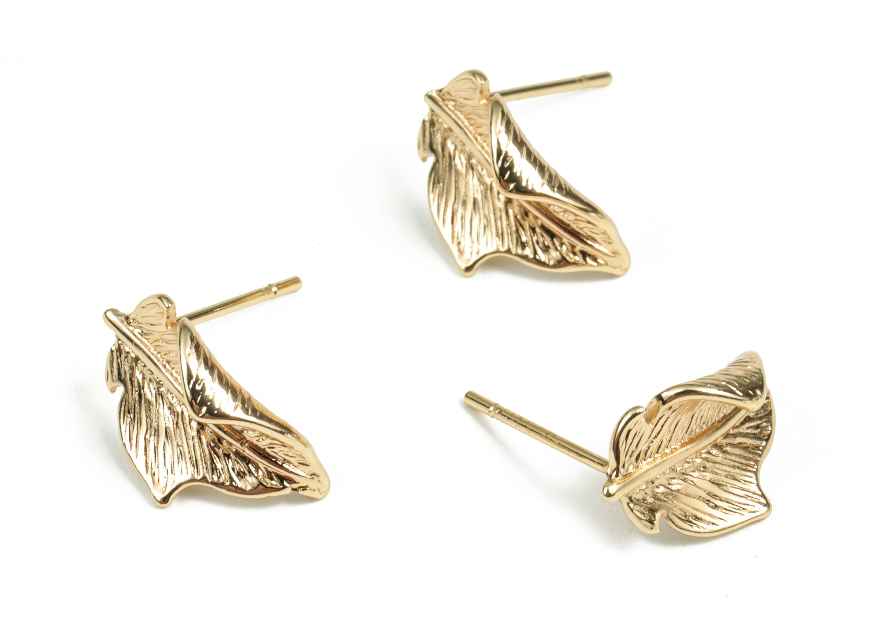 Brass Leaves Earring Post - Gold Leaves Earring Stud - 18K Real Gold Plated Brass - 316 Surgical Stainless Steel - 14.64x8.5x3.8mm - RGP2950 - DOMEDBAZAAR