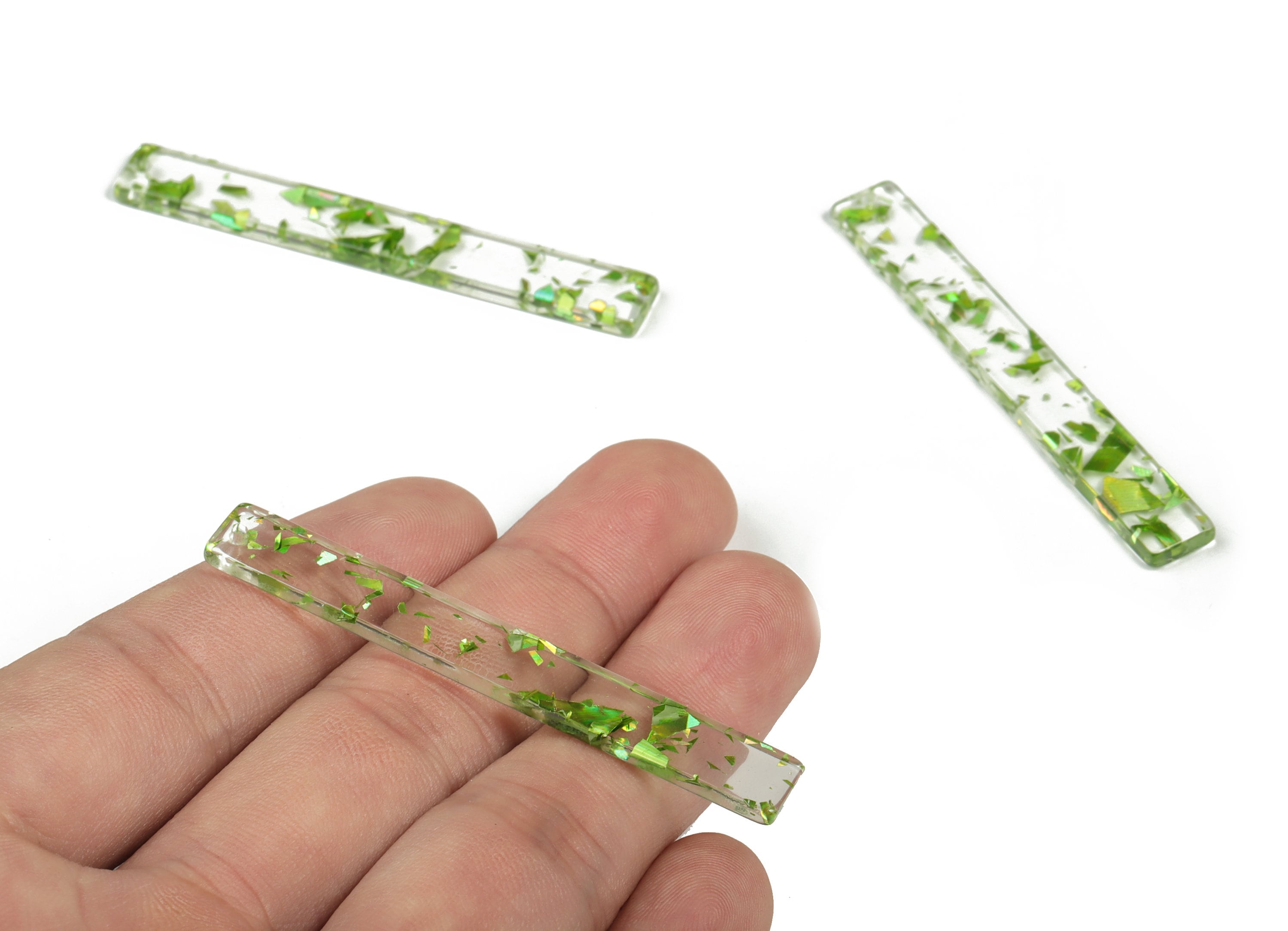 Acrylic Stick Charms - Transparent & Green Confetti - Bar Earrings and Pendant - Color Code: A547 - 59.7x7.8x2.5mm - AC1049-A547 - DOMEDBAZAAR