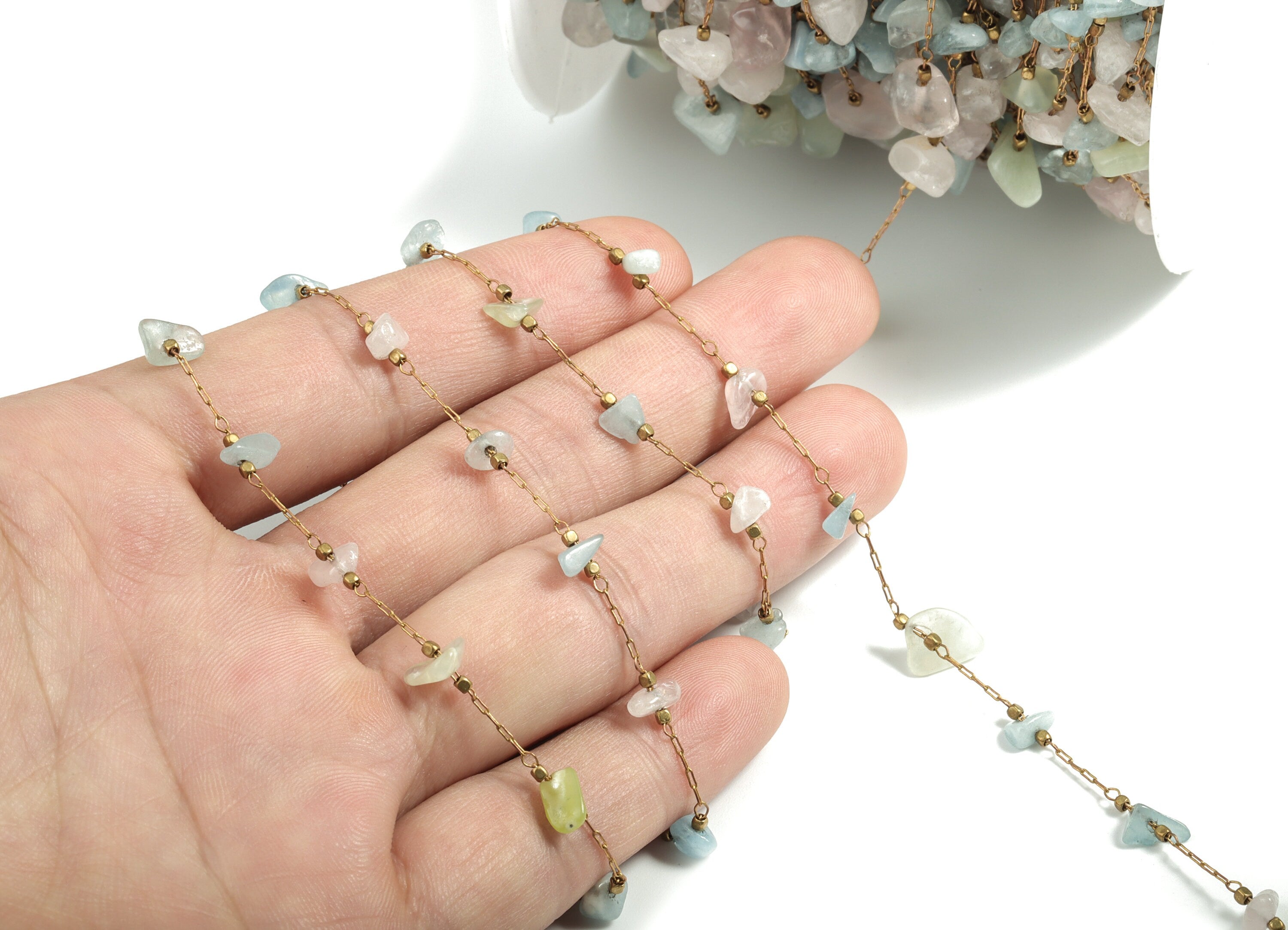 Brass Natural Stone Pearl Beaded Chain – Raw Brass Green Blue Stones – Satellite Chain for Necklace - 2.66x0.76x0.23mm – CC1175-11 - DOMEDBAZAAR