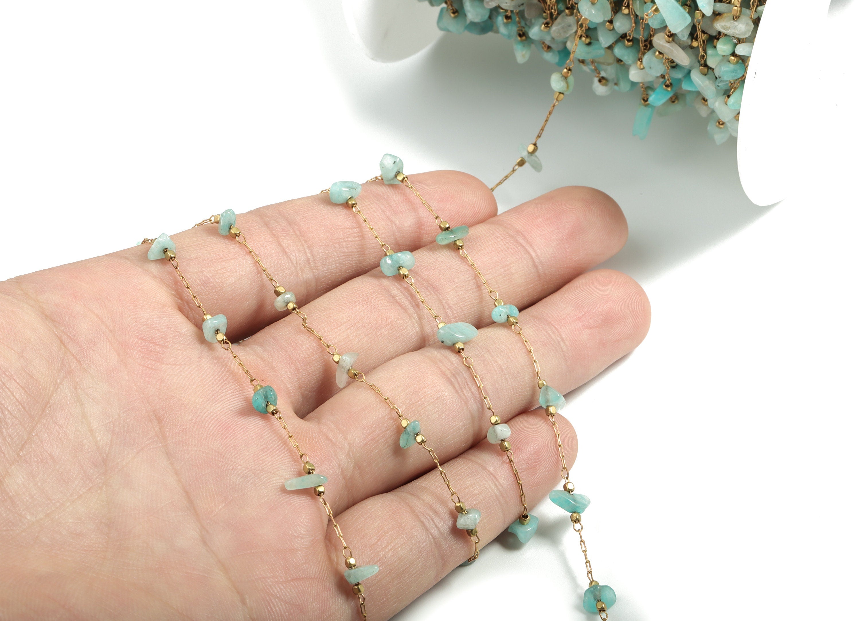 Brass Chain with Turquoise Stones – Brass Natural Stone Chain for Necklace - Turquoise Bracelet Chain - 2.97x0.77x0.22mm – CC1175-14 - DOMEDBAZAAR