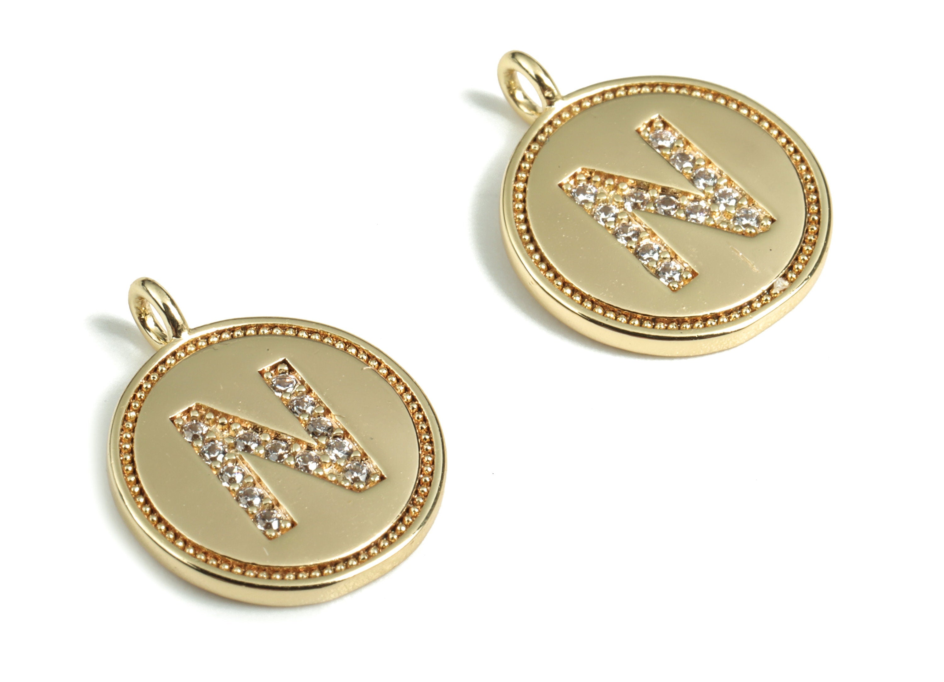 Brass Round Letter N Charm – Initial N Gold Round Pendant – 18k Real Gold Plated Brass Earring Charms – 14.72x11.88x1.39mm - RGP2853N - DOMEDBAZAAR