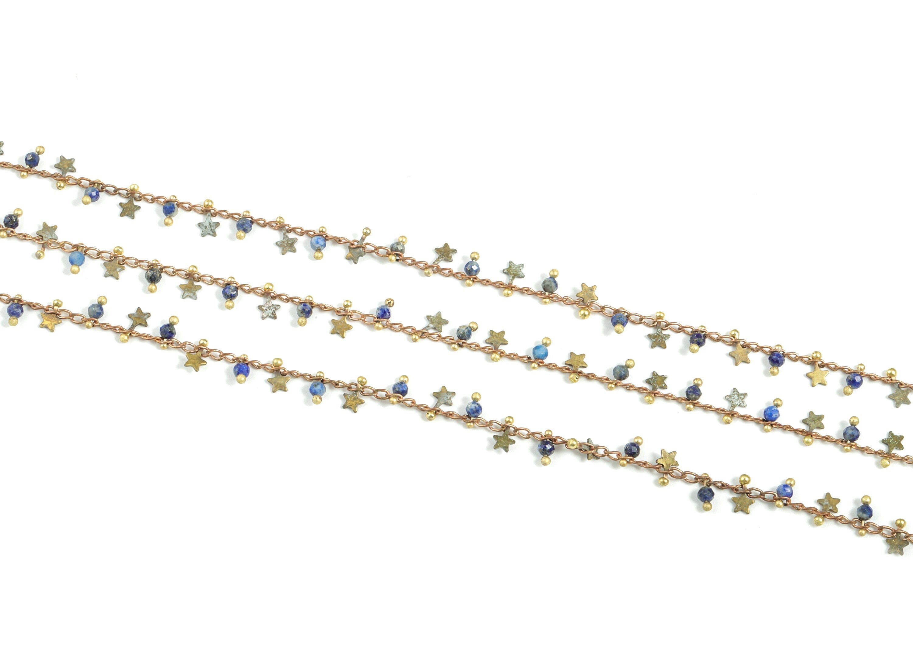 Natural Stone Beaded Chain – Raw Brass Blue Stones – Satellite Chain for Necklace, Bracelet, Jewelry Supplies - 2.81x1.63x0.35mm – CC1175-8 - DOMEDBAZAAR