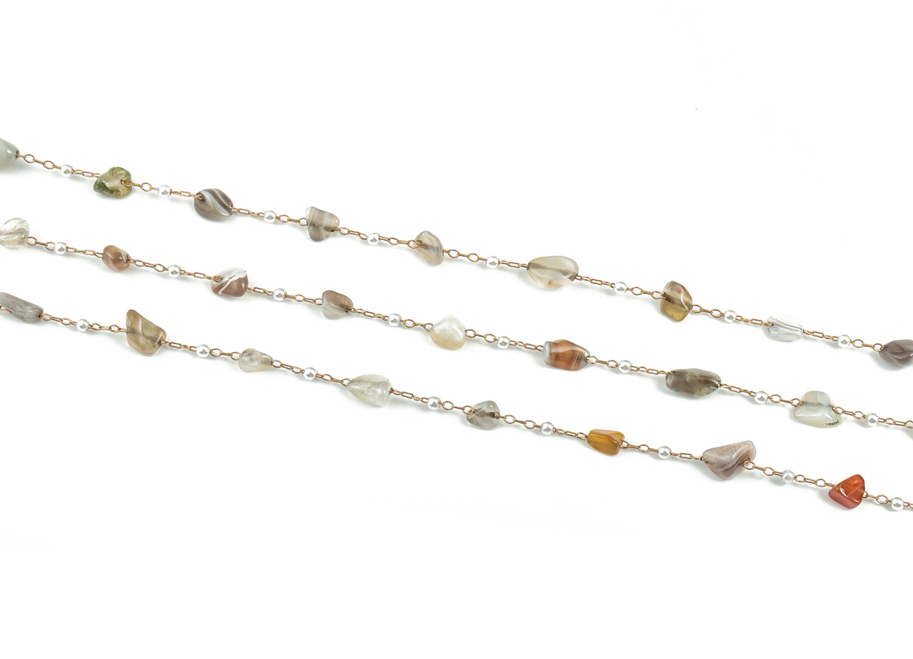 Brass Natural Stone Beaded Chain – Natural Mix Color Stones – Satellite Pearl Chain for Necklace, Bracelet - 2.3x1.66 x0.28mm – CC1175-1 - DOMEDBAZAAR
