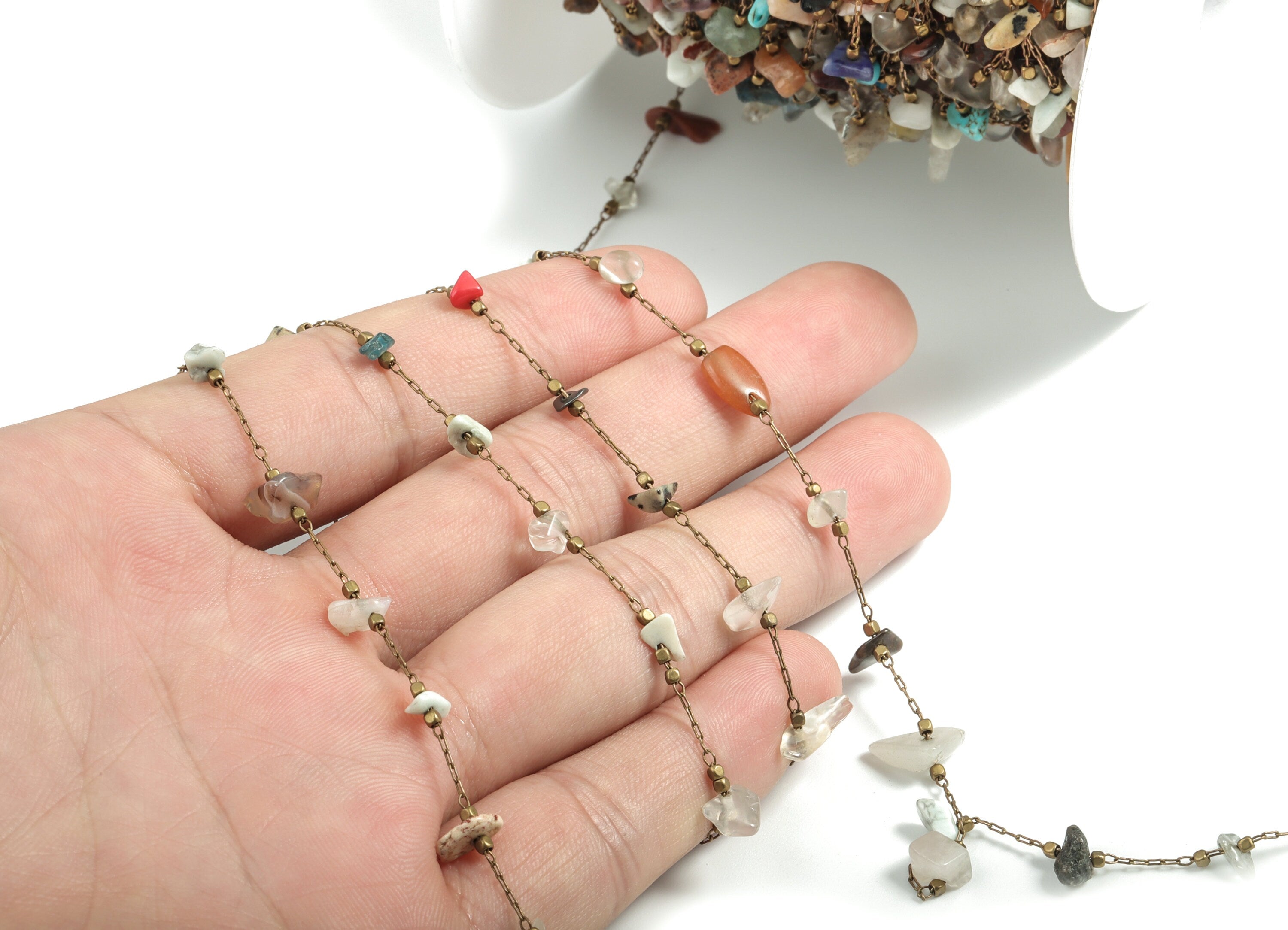 Brass Multi-Color Mix Natural Stone Chain – Raw Brass Necklace Chain, Bracelet Chain - Jewelry Making Chains – 2.07x0.8x0.25mm – CC1175-12 - DOMEDBAZAAR