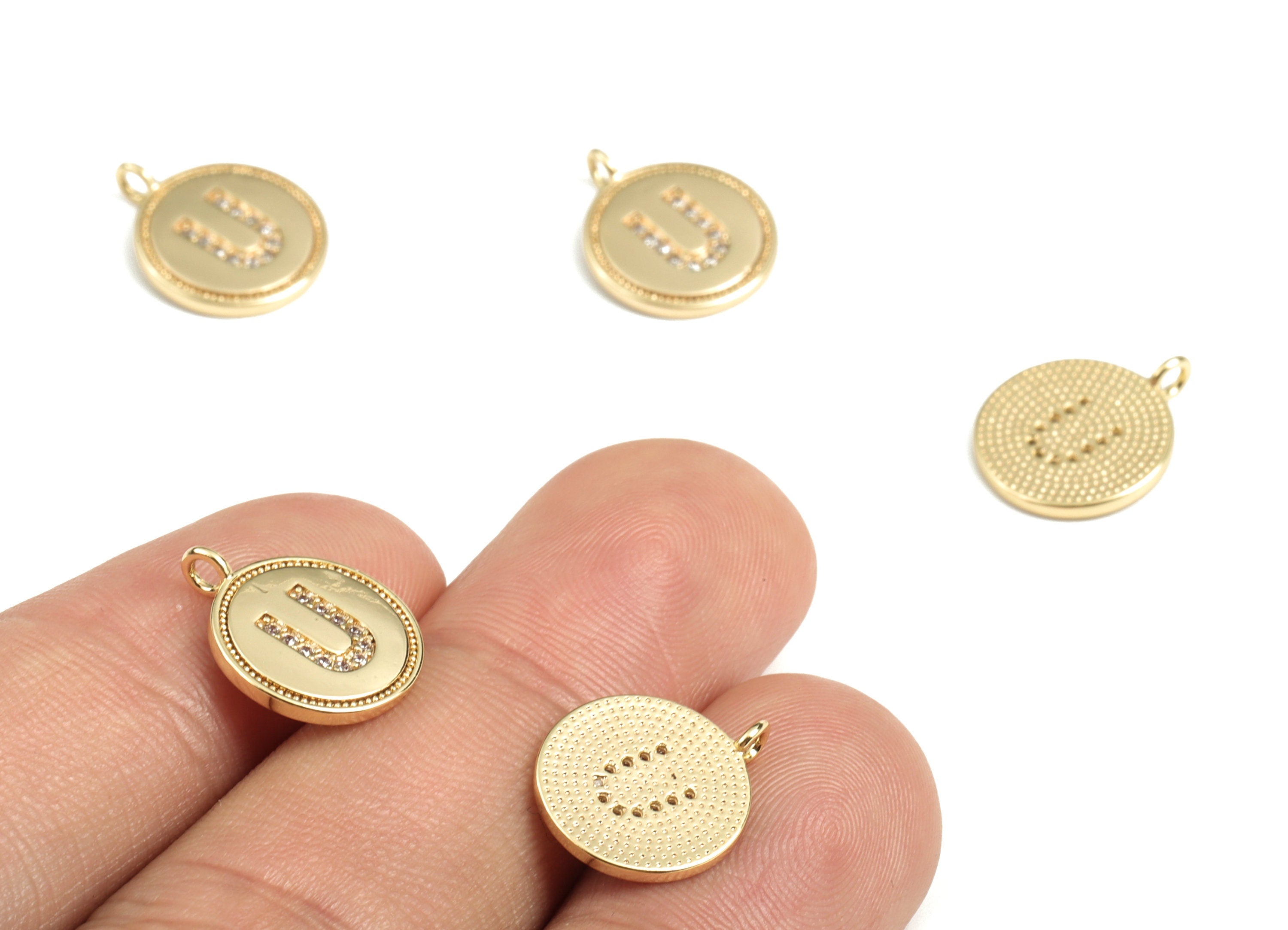 Brass Round Letter U Charm – Initial U Gold Round Pendant – 18k Real Gold Plated Brass Earring Charms – 14.72x11.88x1.39mm - RGP2853U - DOMEDBAZAAR