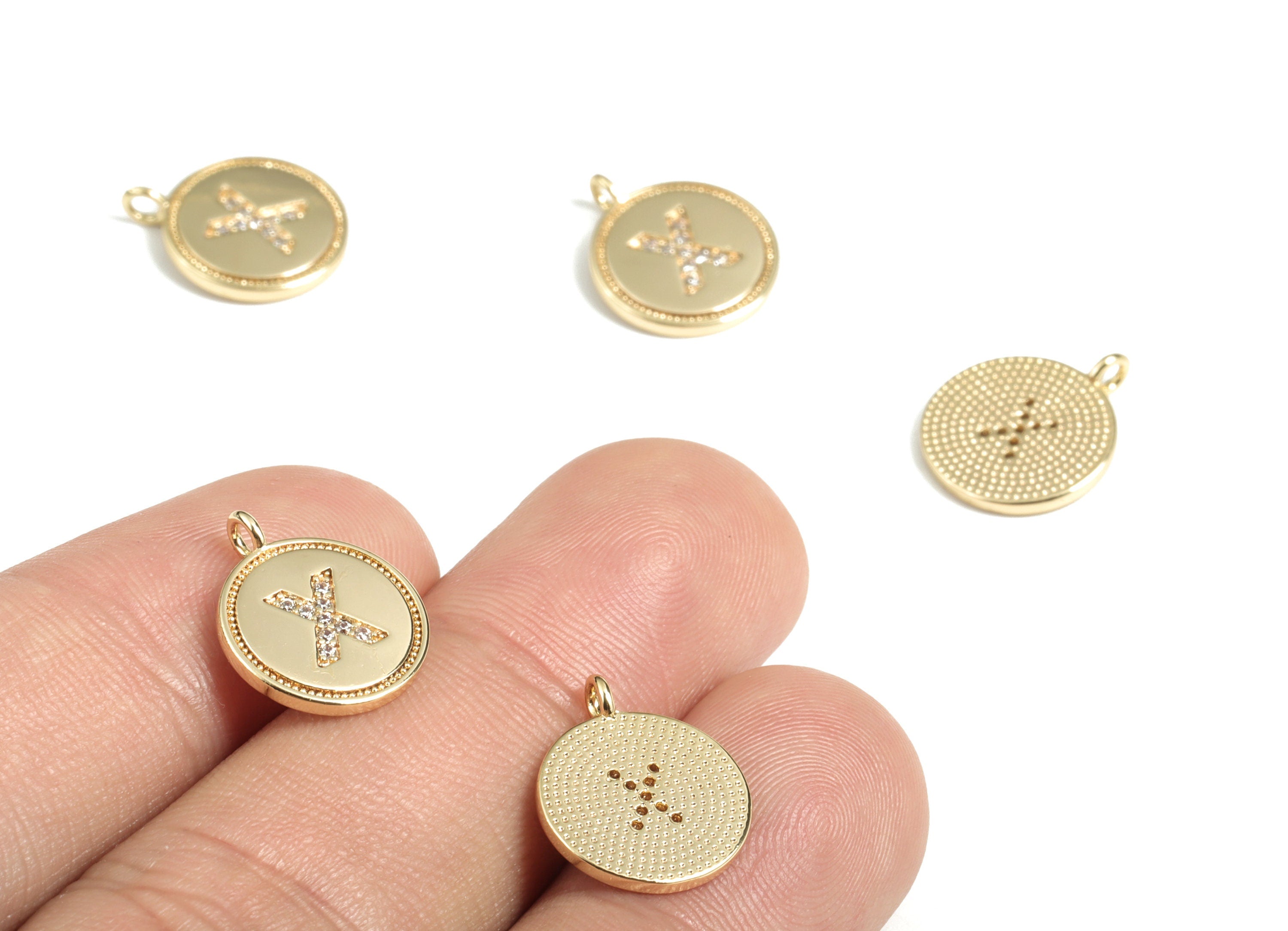 Brass Round Letter X Charm – Initial X Gold Round Pendant – 18k Real Gold Plated Brass Earring Charms – 14.72x11.88x1.39mm - RGP2853X - DOMEDBAZAAR