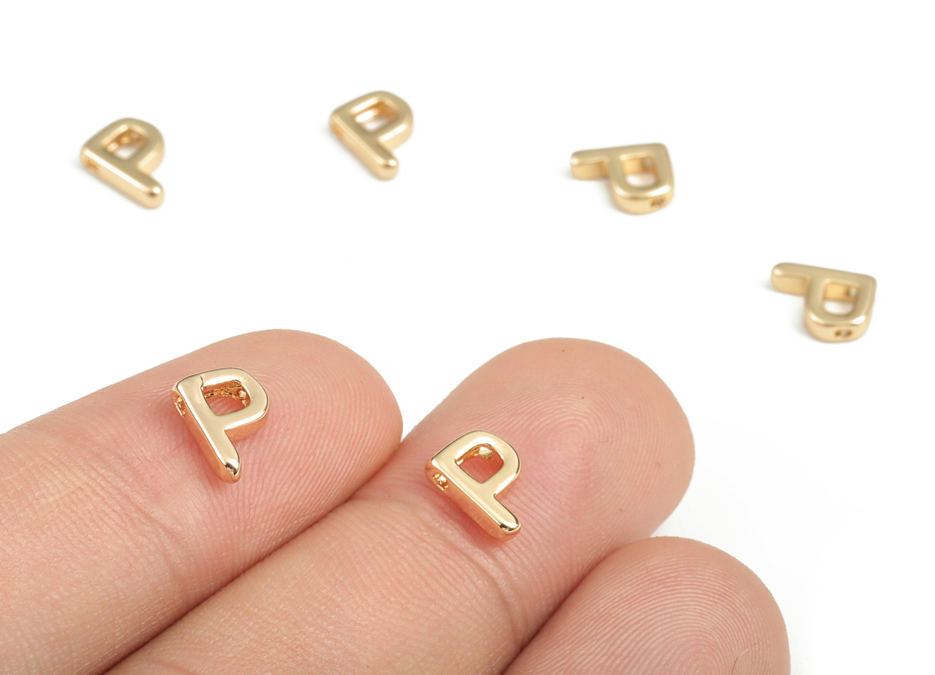 Brass Capital Letter P Charm – Name Initial Beads – Brass Necklace Charms – 18k Real Gold Plated Alphabet Beads–7.41x6.98x2.06mm – RGP2854P - DOMEDBAZAAR