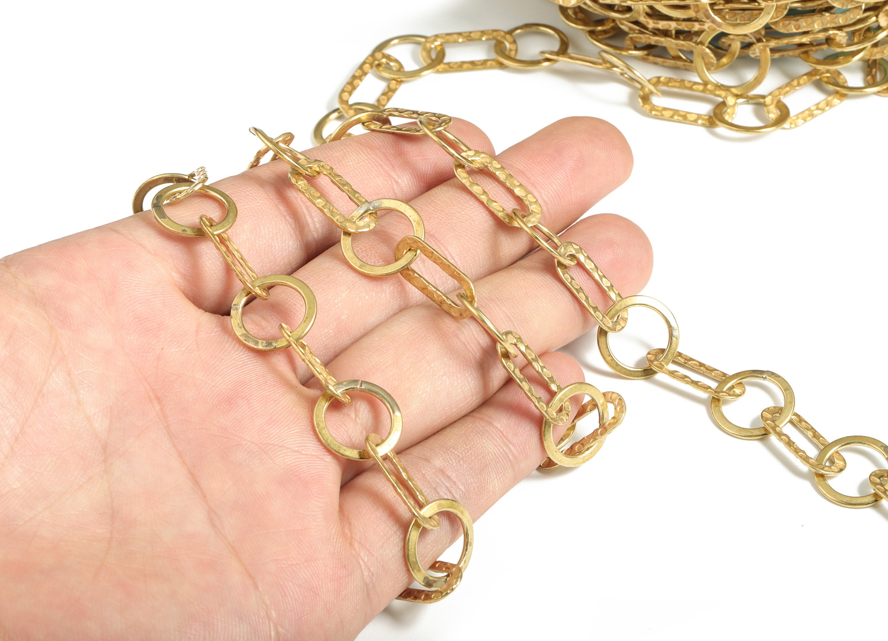 Oval Rectangle Cable Chain - Raw Brass Hammered Cable Chain - Flat Round Chain - For Necklace Bracelet 0.55"x0.55"x0.05" CC1188 - DOMEDBAZAAR