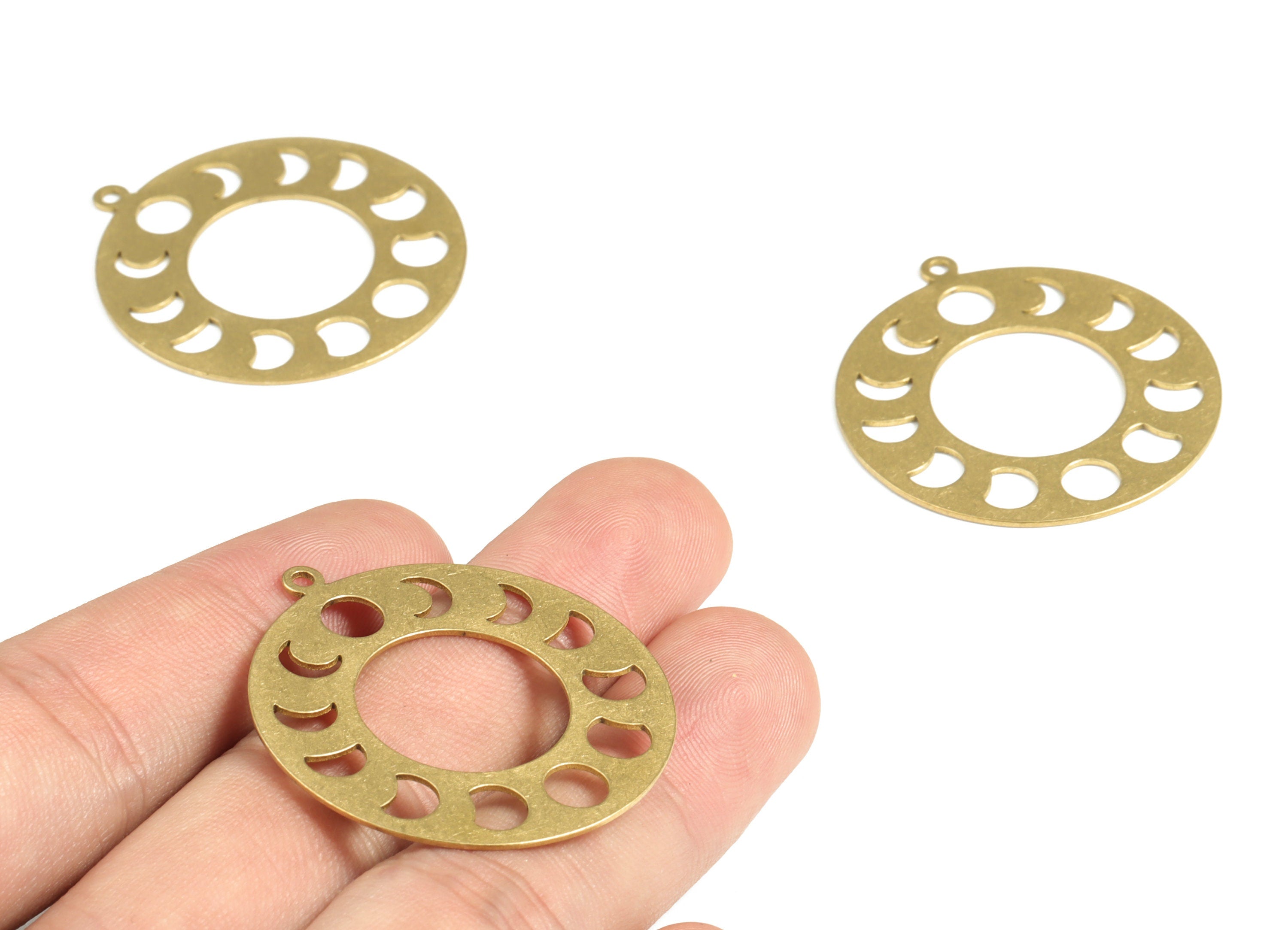 Brass Round Moon Earring Charms - Raw Brass Circle Moon Pendant - Earring Findings - Jewelry Supplies - 38.35x35.02x0.68mm - PP3970 - DOMEDBAZAAR