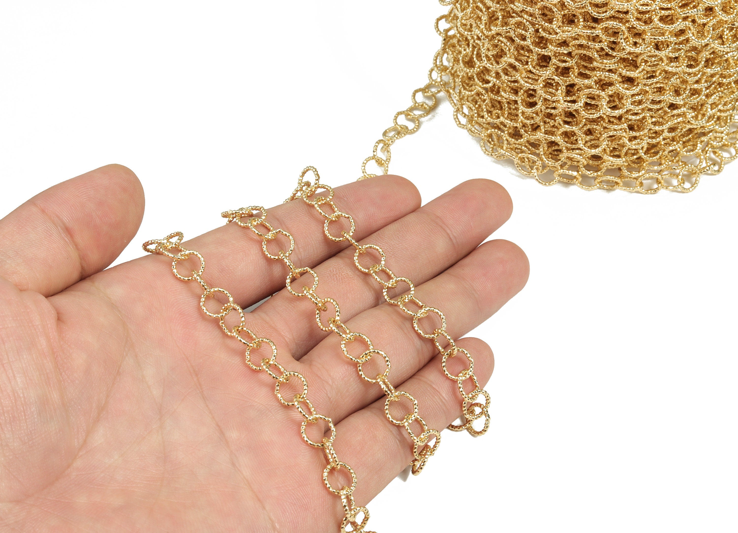 Gold Round Link Cable Chain - 18K Real Gold Brass Textured Oval Rolo Chain - Soldered Chain - For Necklace Bracelet0.31"x0.31"x0.04" RGP2943 - DOMEDBAZAAR
