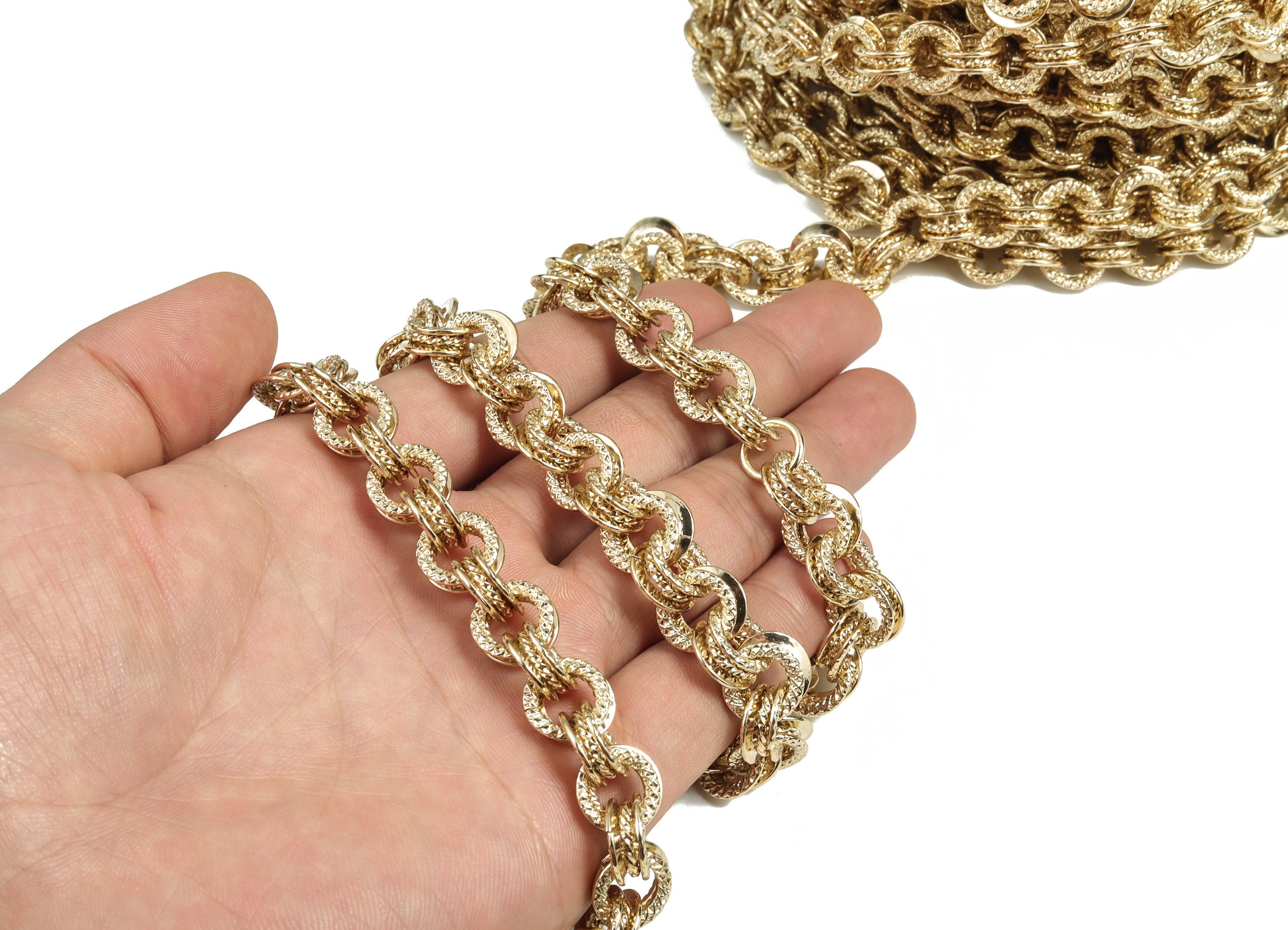 Gold Round Link Cable Chain - 14K Real Gold Brass Textured Round Rolo Chain - Large Link Chunky Chain - 0.46"x0.46"x0.14" RGP2966 - DOMEDBAZAAR