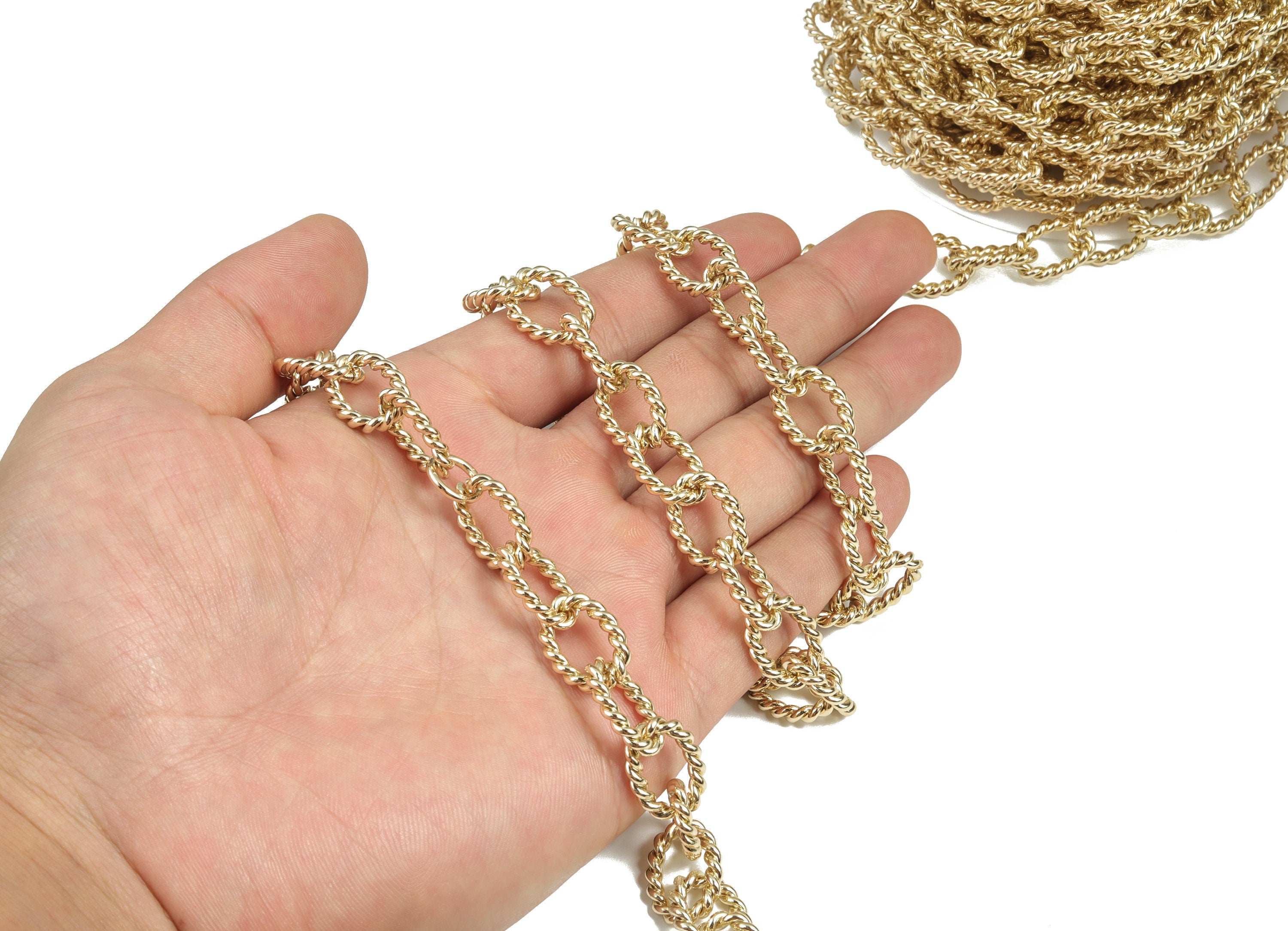 Gold Oval Paper Clip Layering Chain - 14K Real Gold Brass Textured Oval Cable Chain - Thick Large Chain - 0.65"x0.48"x0.10" RGP2967 - DOMEDBAZAAR