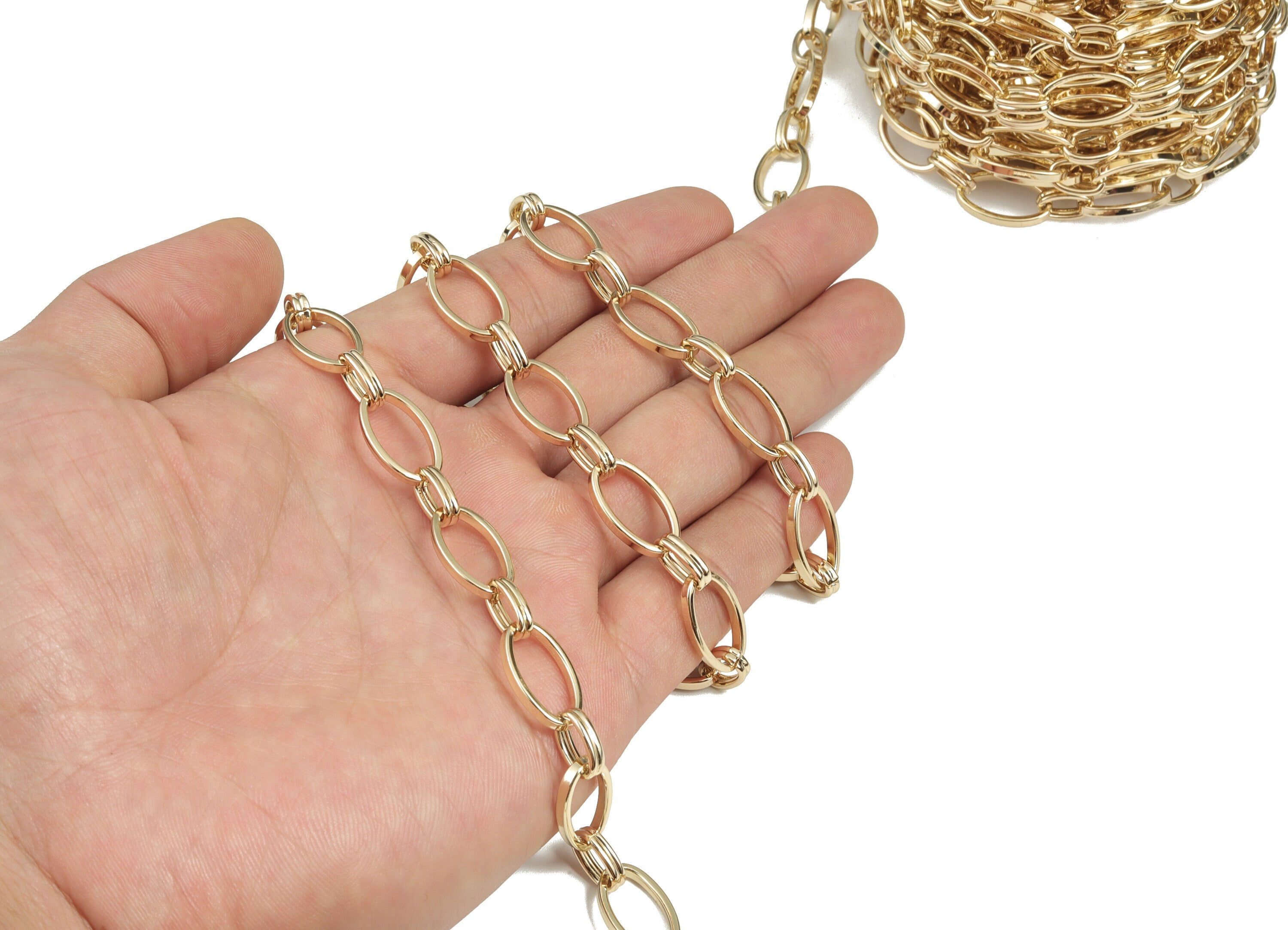 Gold Oval Paper Clip Layering Chain - 14K Real Gold Brass Flat Oval Link Cable Chain - Large Oval Chain - 0.69"x0.41"x0.09" RGP2975 - DOMEDBAZAAR