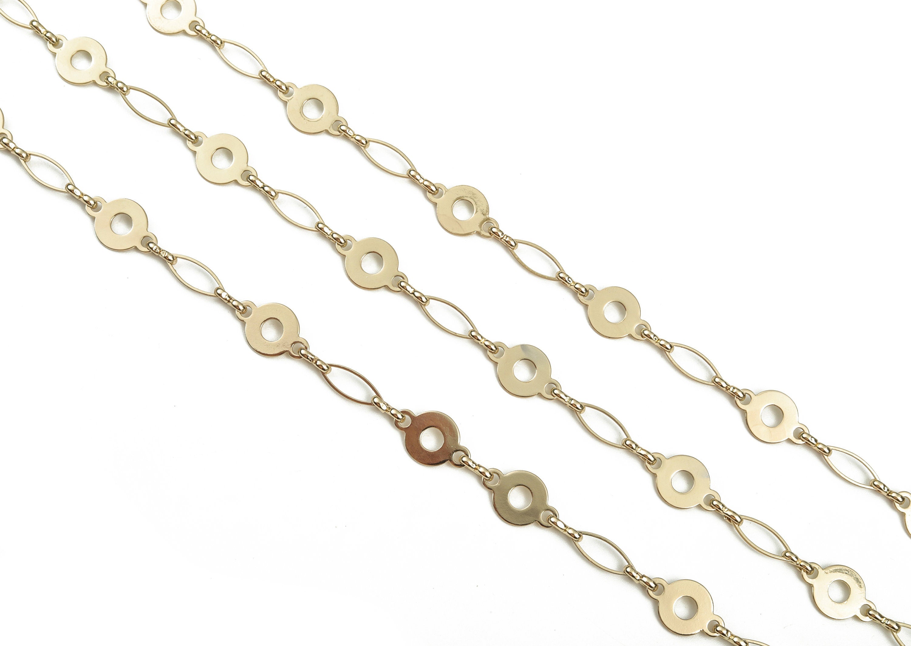 Gold Flat Round Cable Chain  - 14K Real Gold Brass Marquise Open Link Cable Chain - Round Cable Chain - 0.63"x0.40"x0.02" RGP2980 - DOMEDBAZAAR