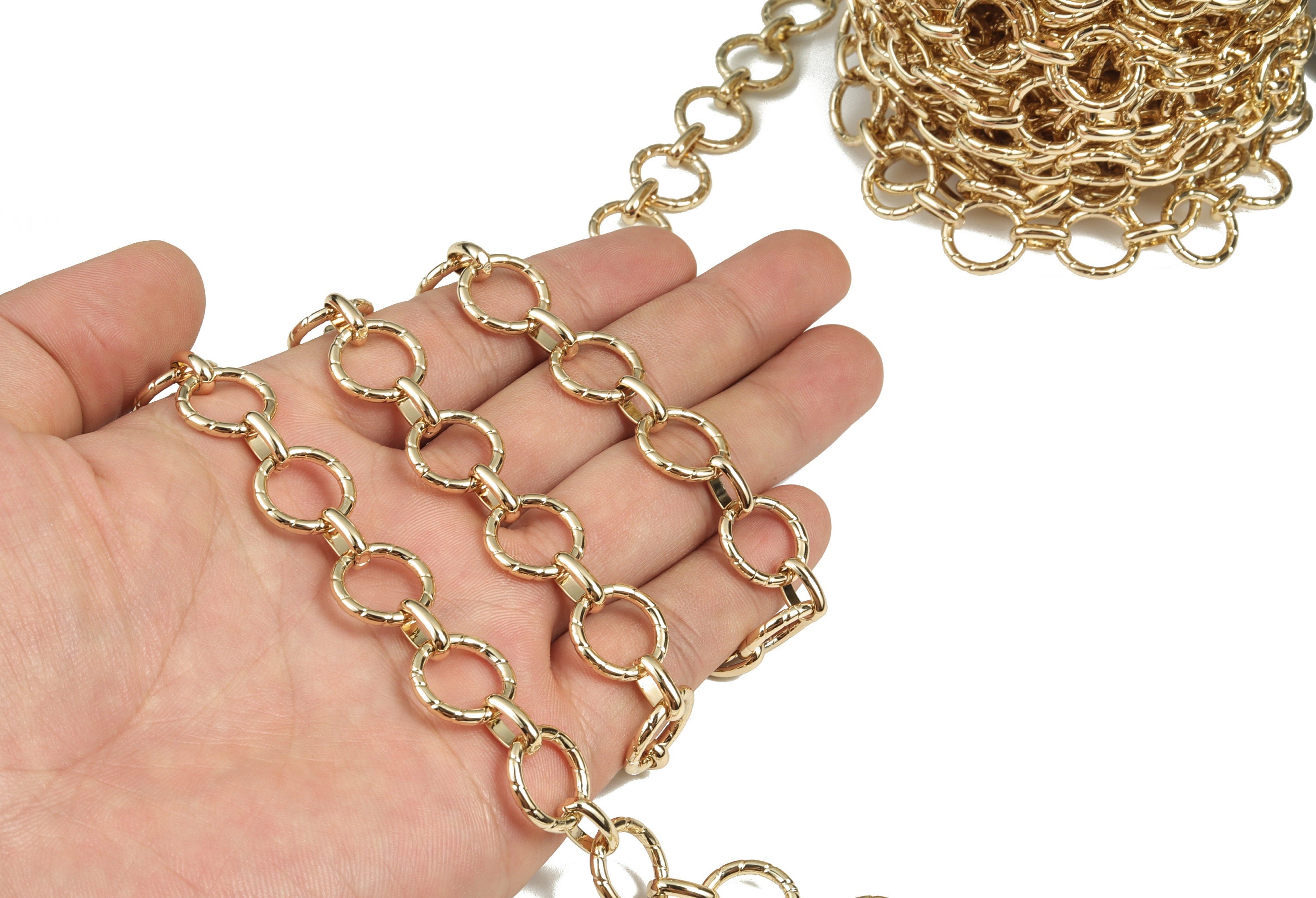 Gold Round Link Cable Chain - 14K Real Gold Brass Textured Large Round Chain - Thick Chain - For Necklace Bracelet 0.57"x0.57"x0.08" RGP2981 - DOMEDBAZAAR
