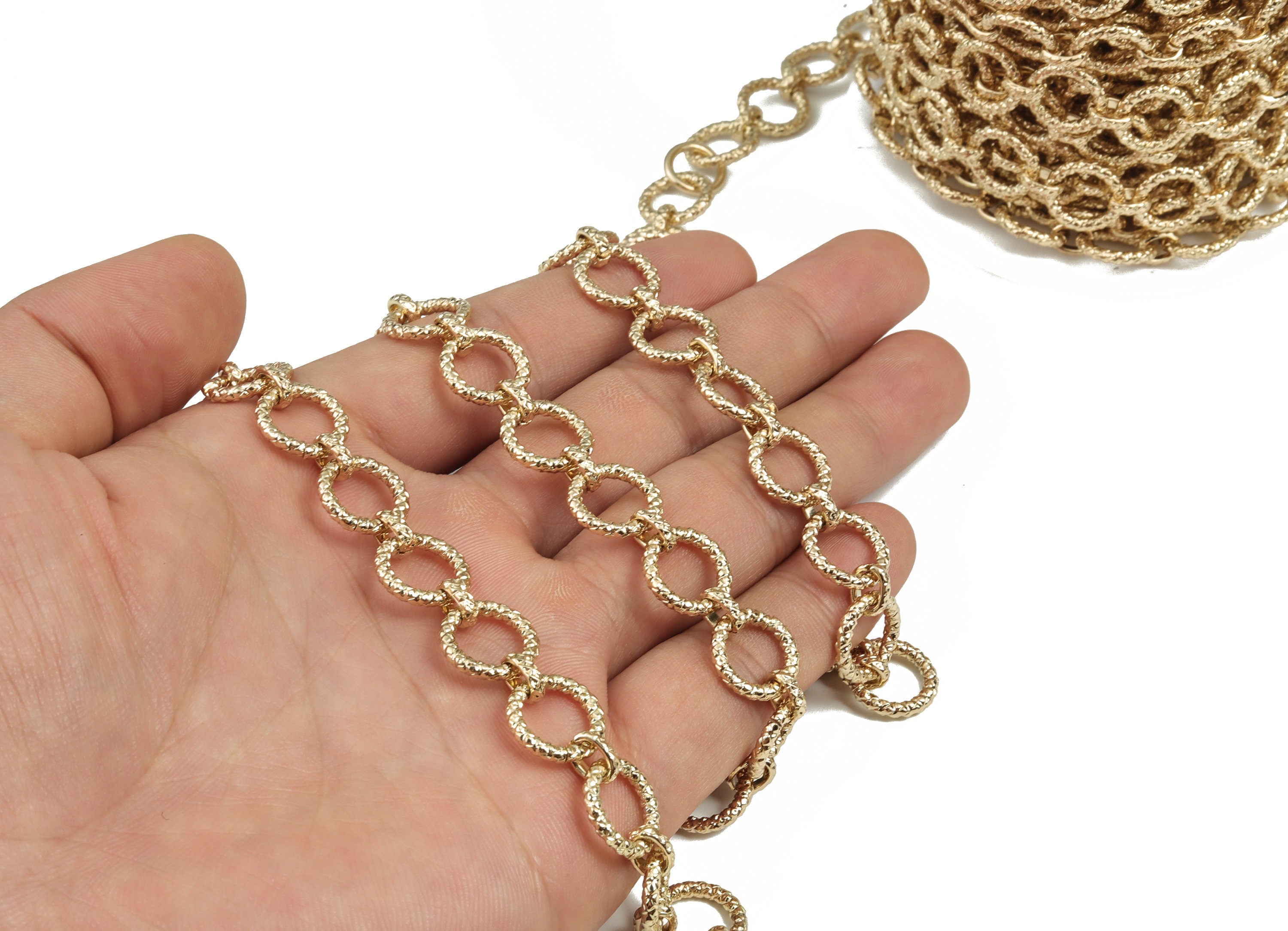 Gold Round Link Cable Chain - 14K Real Gold Brass Textured Round Chain - Thick Chain - For Necklace Bracelet 0.48"x0.48"x0.09" RGP2982 - DOMEDBAZAAR