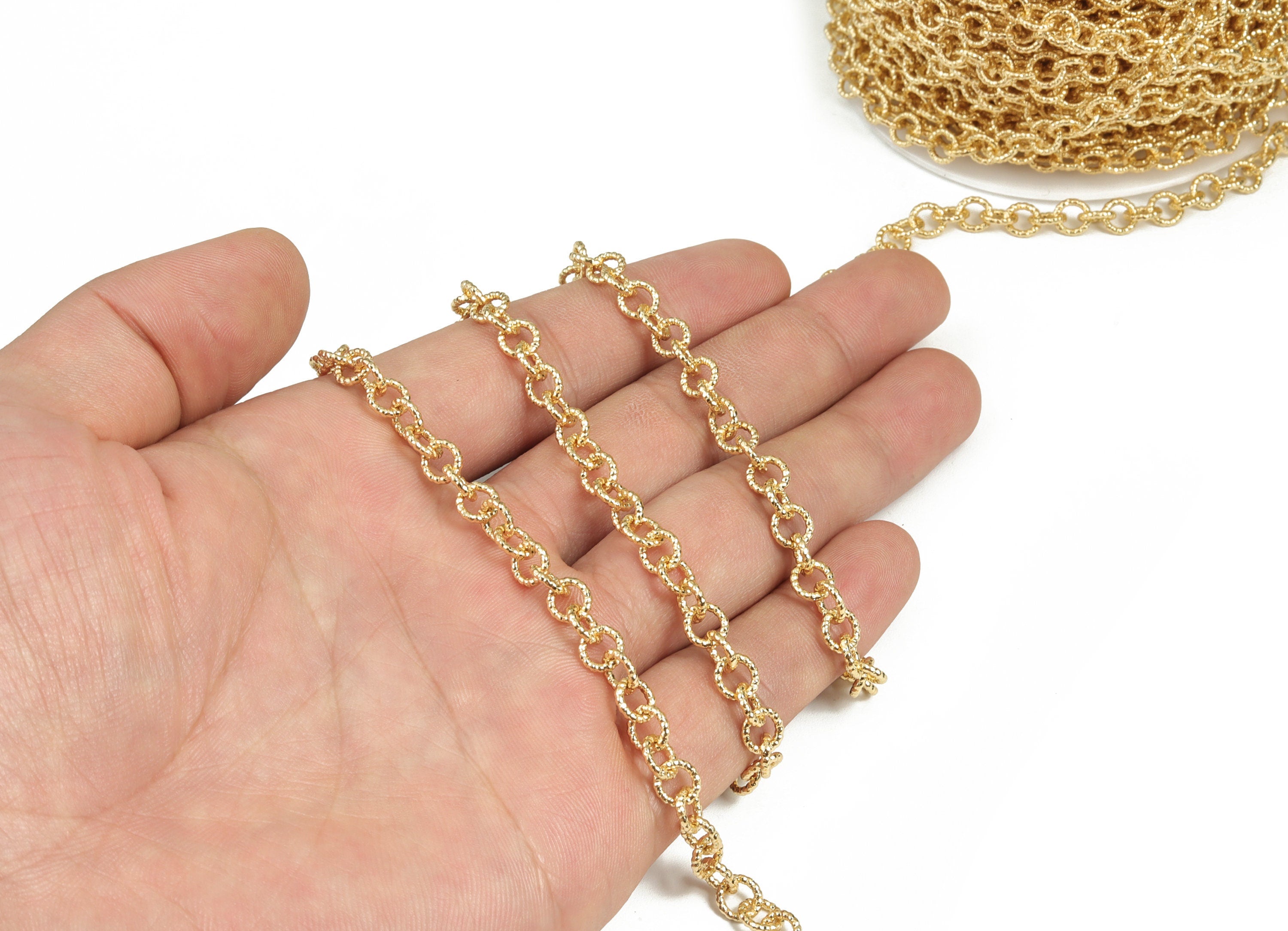 Gold Round Link Cable Chain - 18K Real Gold Brass Textured Round Cable Chain - Round Cable Chain - 0.23"x0.23"x0.04" RGP2995 - DOMEDBAZAAR