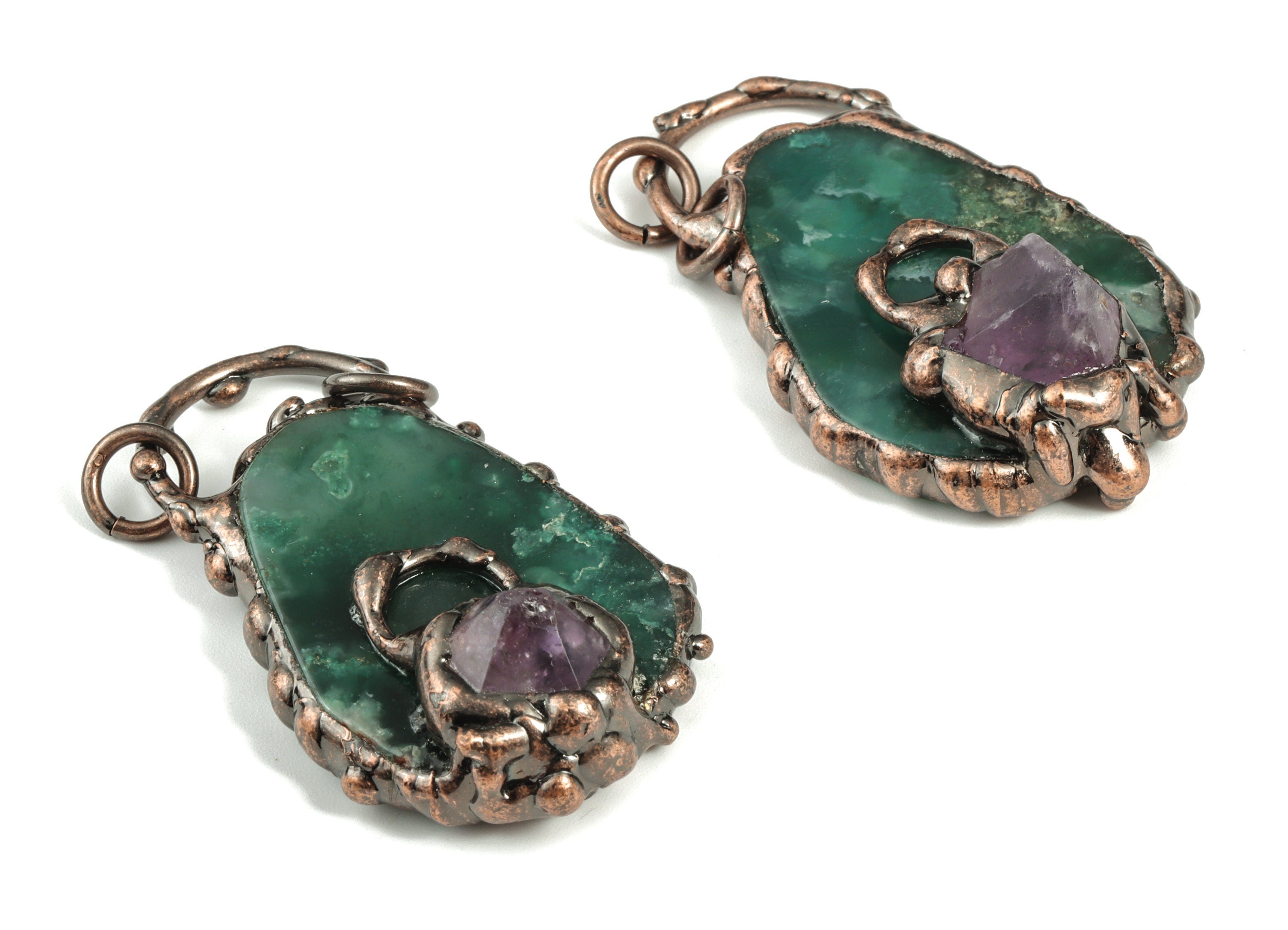 Green Chalcedony Earring Charms - Chalcedony Purple Jade Eye Pendant - DIY Jewelry Supplies - Average Size - 55.99x33.52x16.32mm - NS1314 - DOMEDBAZAAR