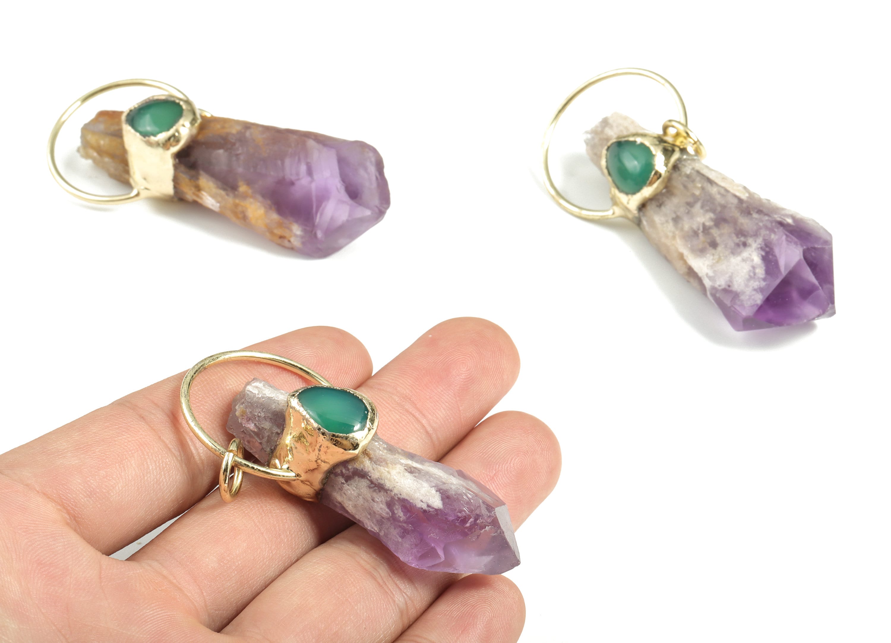 Green Agate Amethyst Pendant – Diamond Shape Long Stone Earring Charm – Average Size –Jewelry Making Supplies - 72.52x29.30x18.69mm - NS1348 - DOMEDBAZAAR