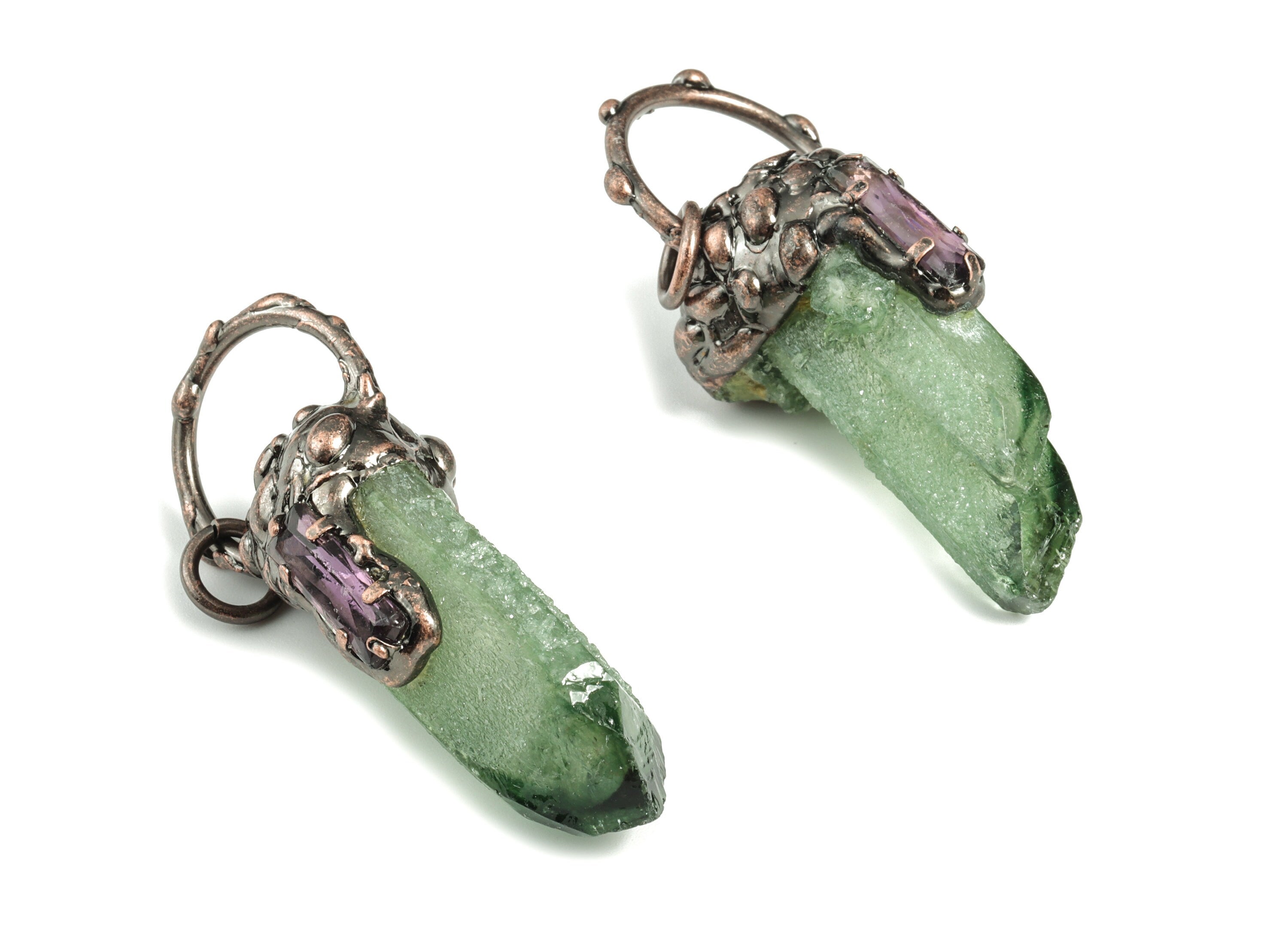 Green Aura Quartz with Amethyst Pendant – Green Crystal Zircon Earring Charm - DIY Jewelry Making - Average Size - 58×23.8×19.9mm - NS1375 - DOMEDBAZAAR