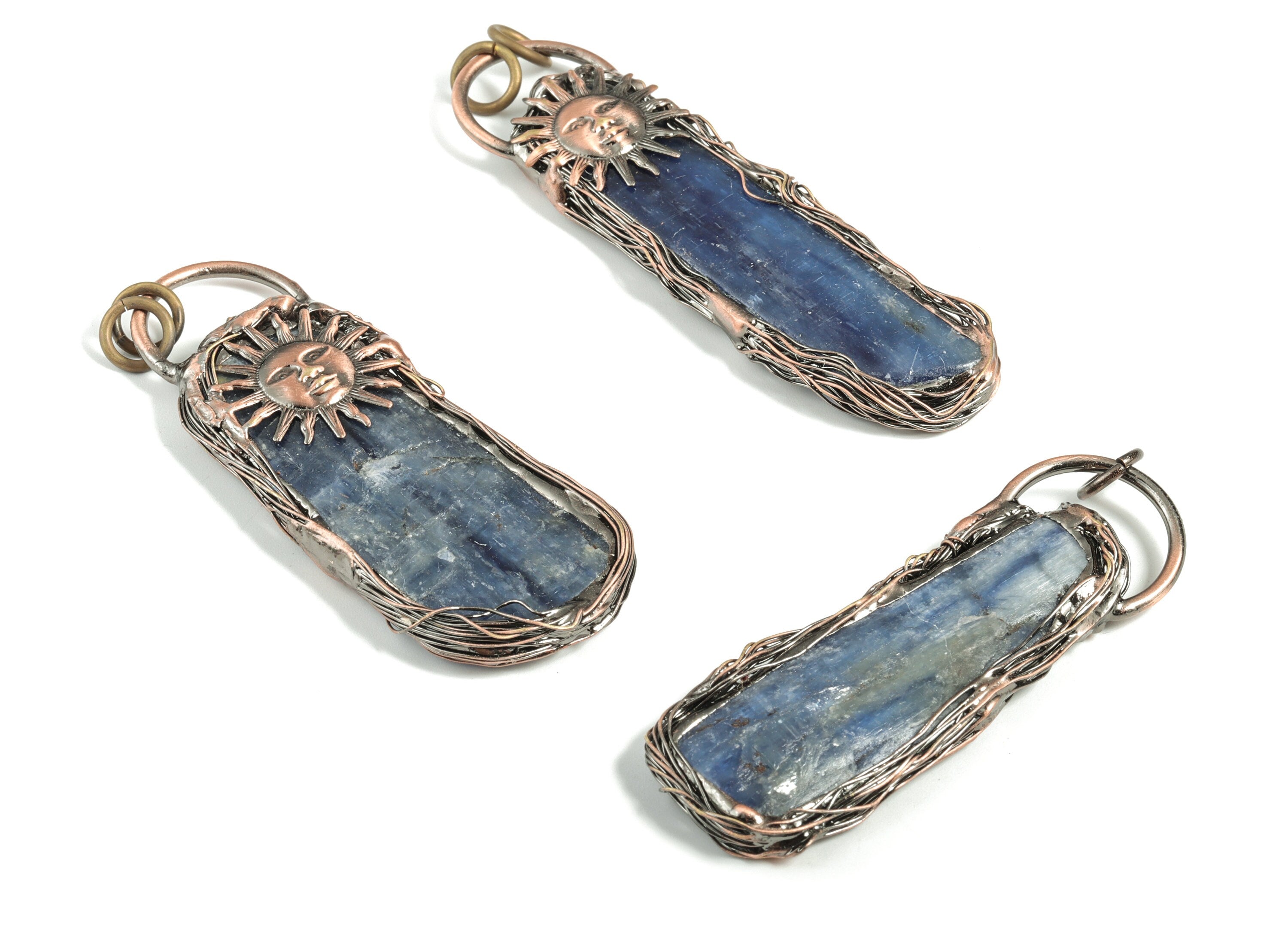 Raw Kyanite Pendant – Sun Face Blue Kyanite Gemstone Earring Charm - Choi Moon Bdeas - Average Size - 75.49× 30.05× 7.24mm - NS1378 - DOMEDBAZAAR