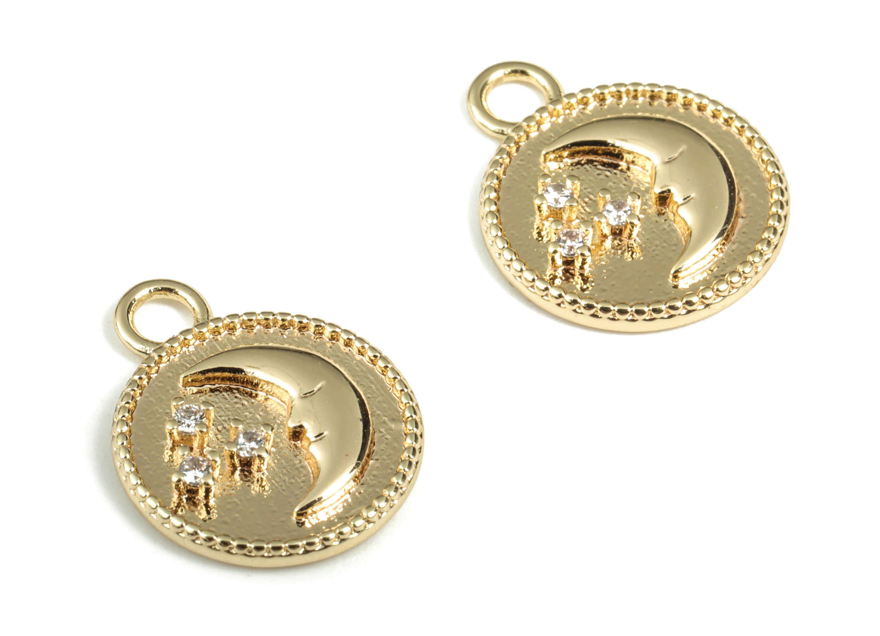 Brass Round Moon Earring Charms With Zircons - Gold Circle Moon Pendant - 18K Real Gold Plated Brass - 15.23x12.01x1.97mm - RGP2847 - DOMEDBAZAAR