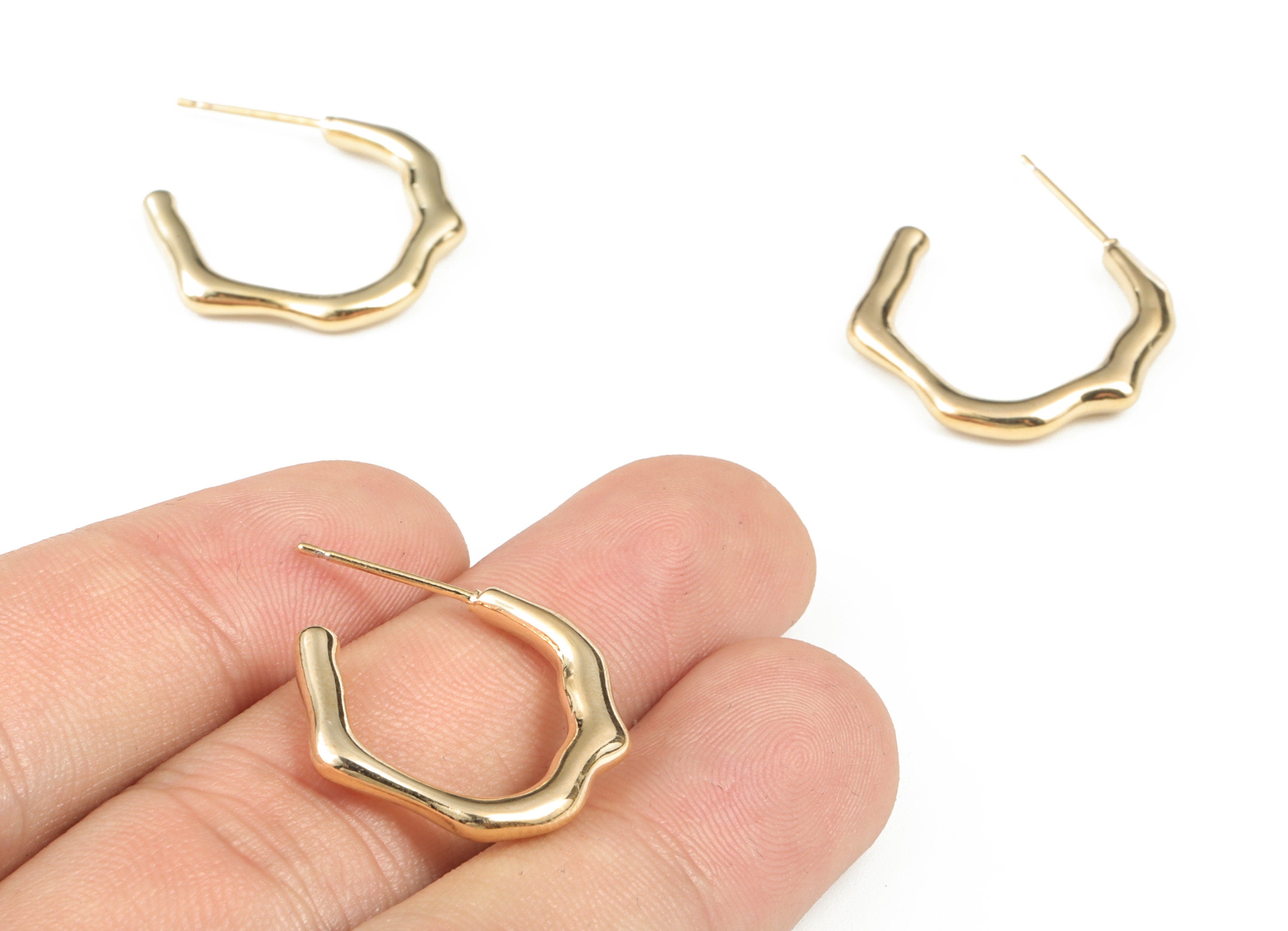 Brass C Bamboo Earring Post - Gold C Bamboo Earring Stud - 18K Real Gold Plating - 316 Surgical Stainless Steel - 22.85x18.7x2.8mm - RGP2884 - DOMEDBAZAAR