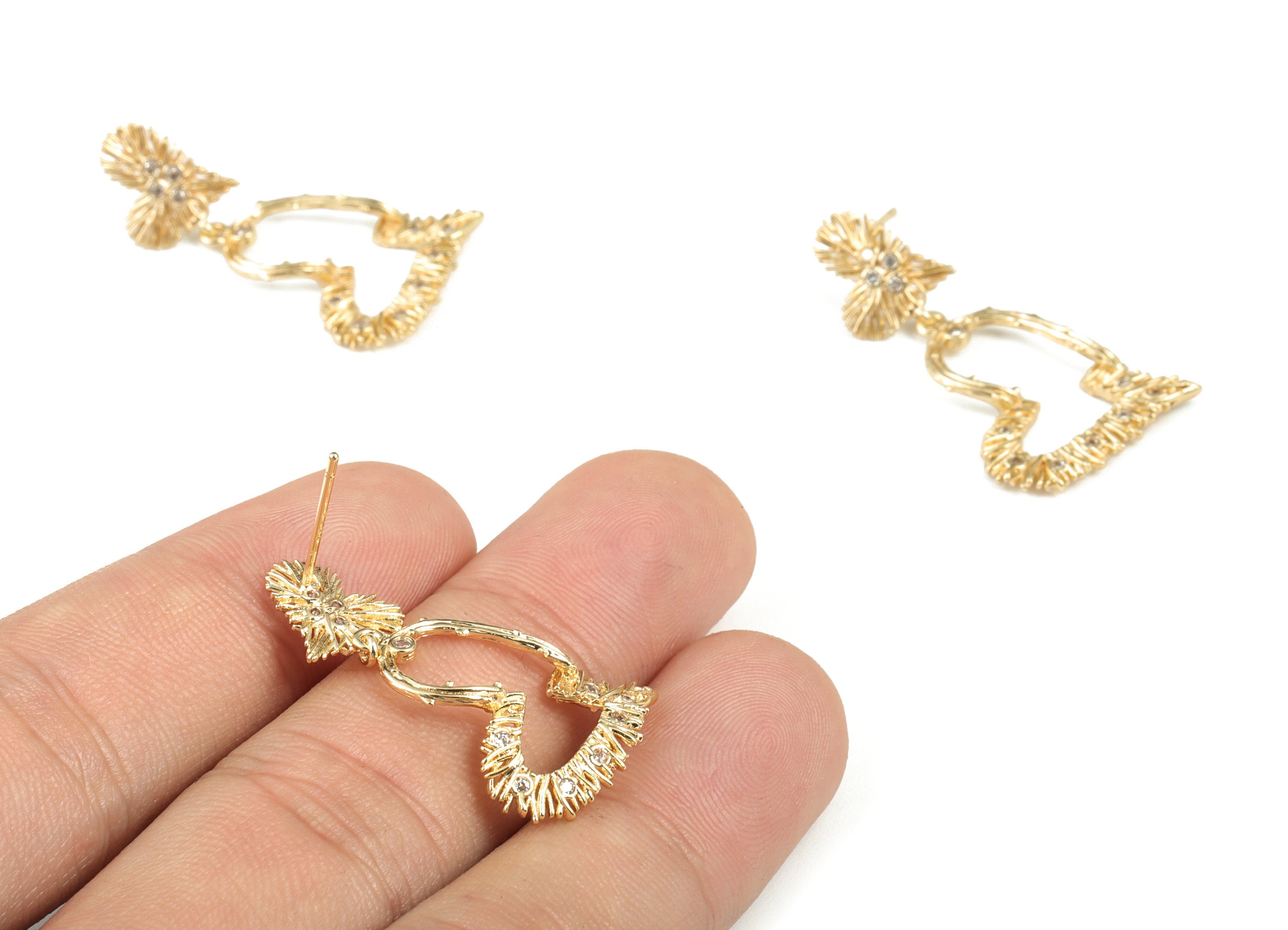 Brass Double Heart Earring Post With Zircons - Gold Double Heart Earring Stud - 316 Surgical Stainless Steel - 33.13x19.72x1.81mm - RGP2876 - DOMEDBAZAAR