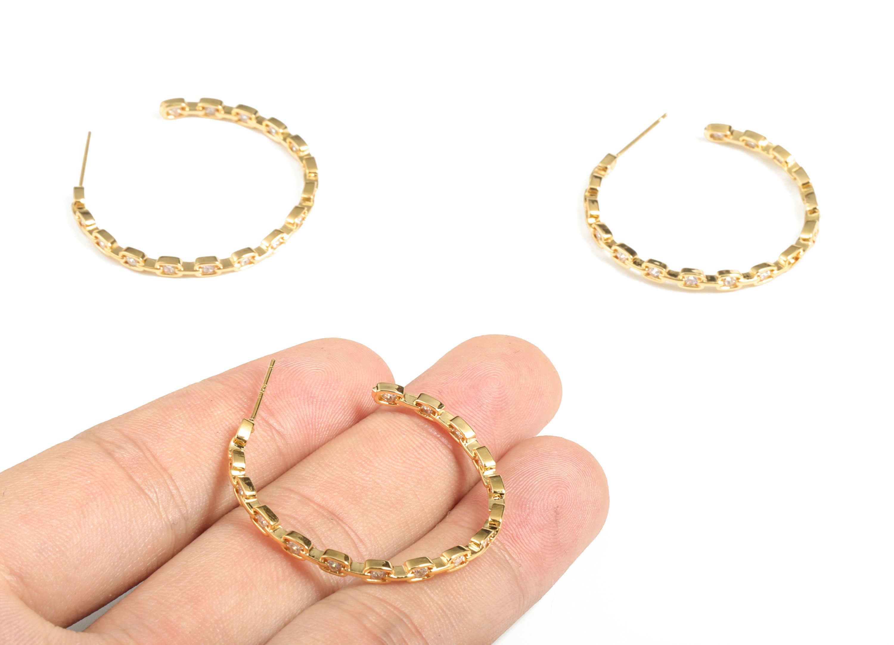 Brass Open Hoop Earrings Stud – 316 Surgical Stainless Steel Stud Zircon – Earring Finding – 18 Gold Plating – 34.62x30.84x2.24mm – RGP2860 - DOMEDBAZAAR