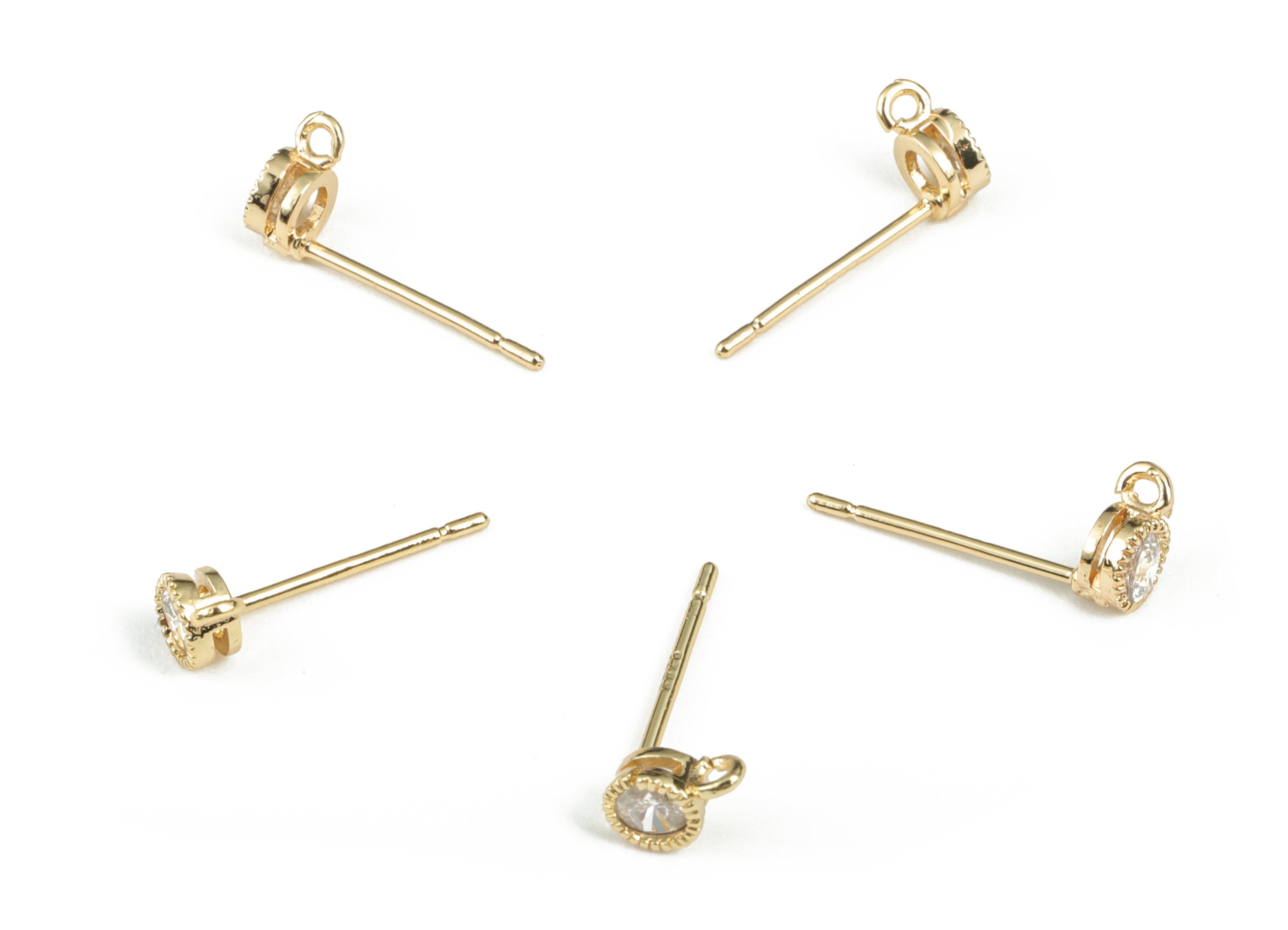 Brass Round Earring Post With Zircon - Gold Circle Stud - 18K Real Gold Plating - 316 Surgical Stainless Steel - 6.06x3.97x2.61mm - RGP2891 - DOMEDBAZAAR