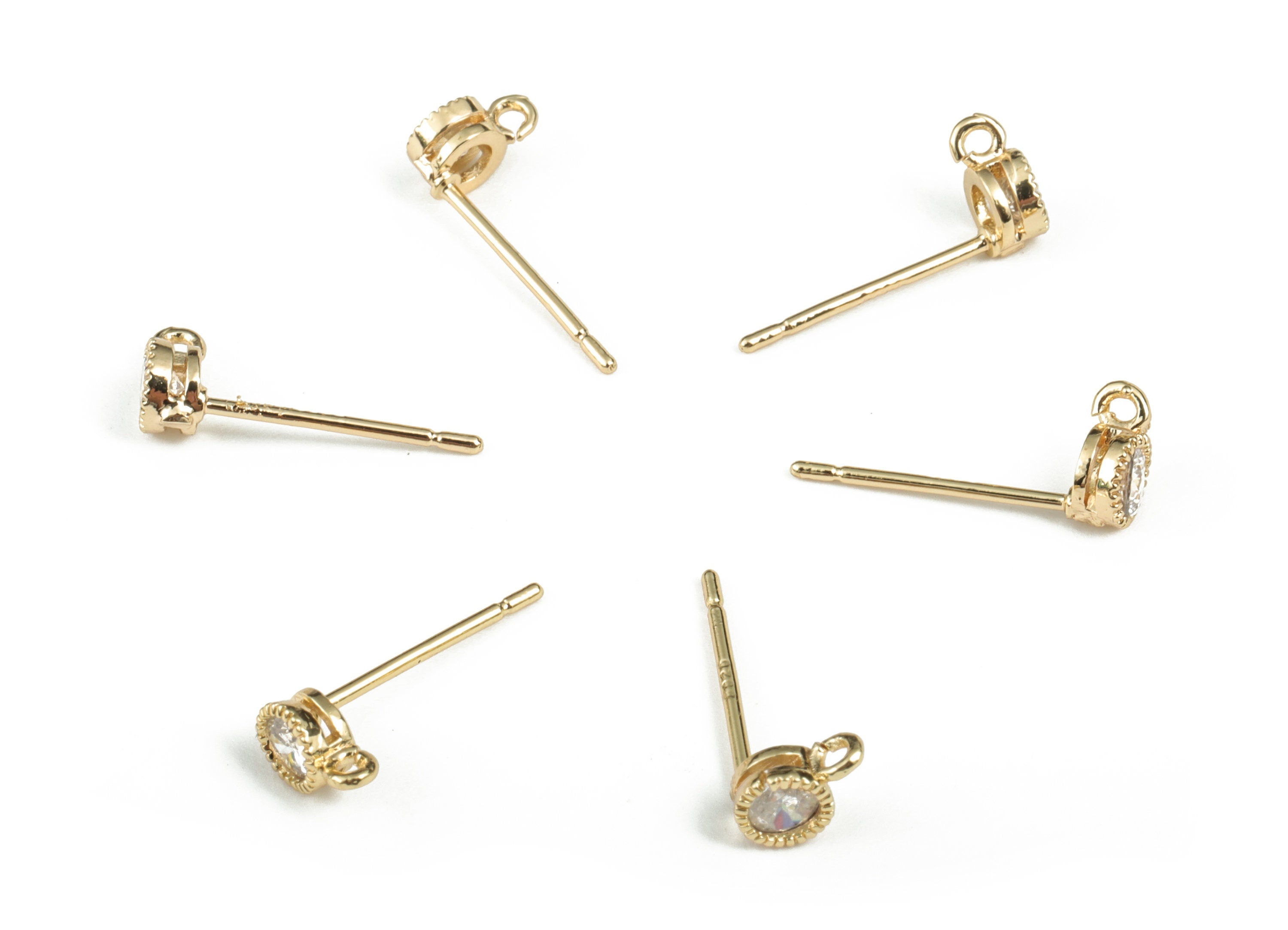 Brass Round Earring Post With Zircon - Gold Circle Stud - 18K Real Gold Plating - 316 Surgical Stainless Steel - 6.06x3.97x2.61mm - RGP2891 - DOMEDBAZAAR