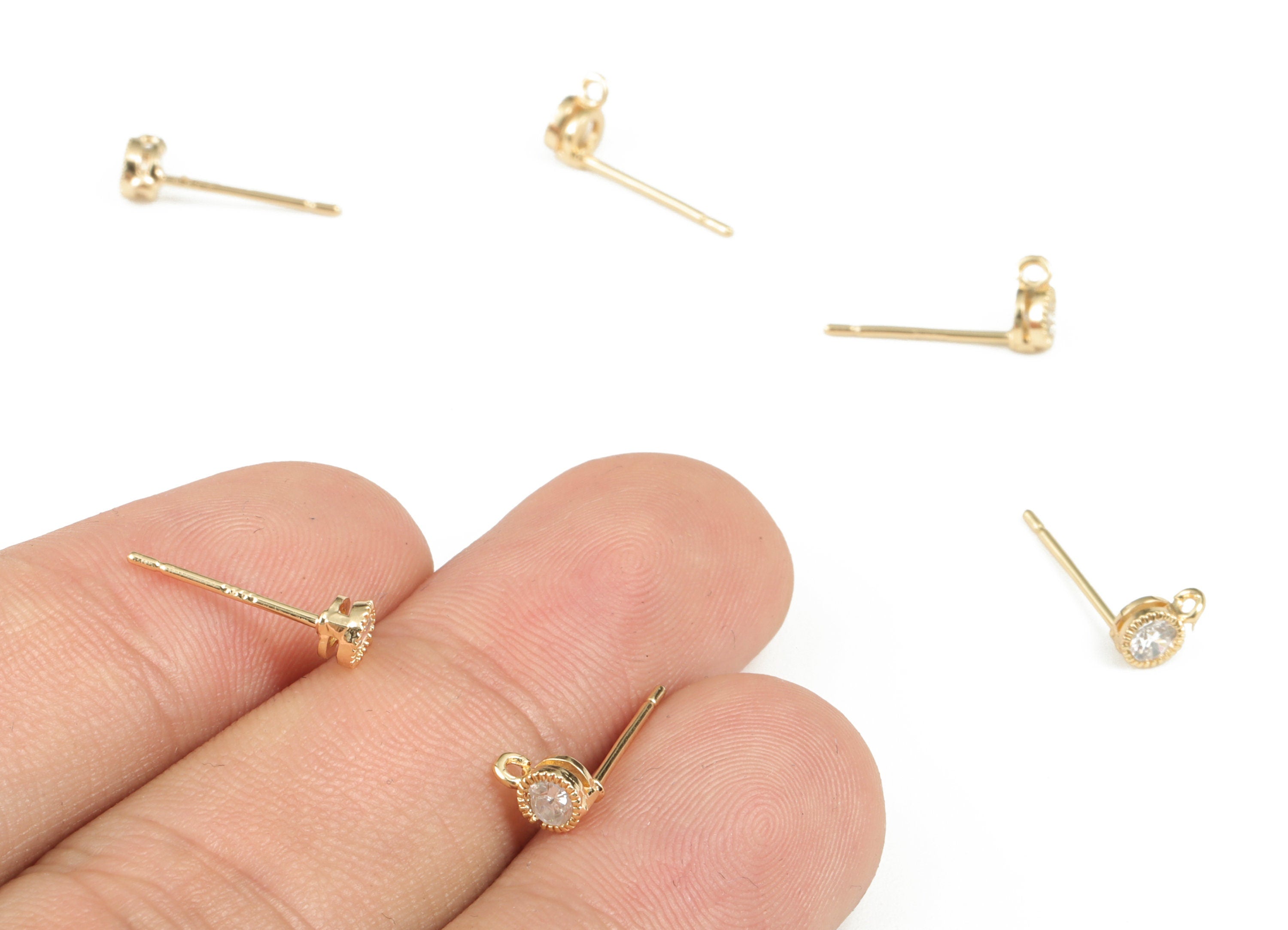 Brass Round Earring Post With Zircon - Gold Circle Stud - 18K Real Gold Plating - 316 Surgical Stainless Steel - 6.06x3.97x2.61mm - RGP2891 - DOMEDBAZAAR
