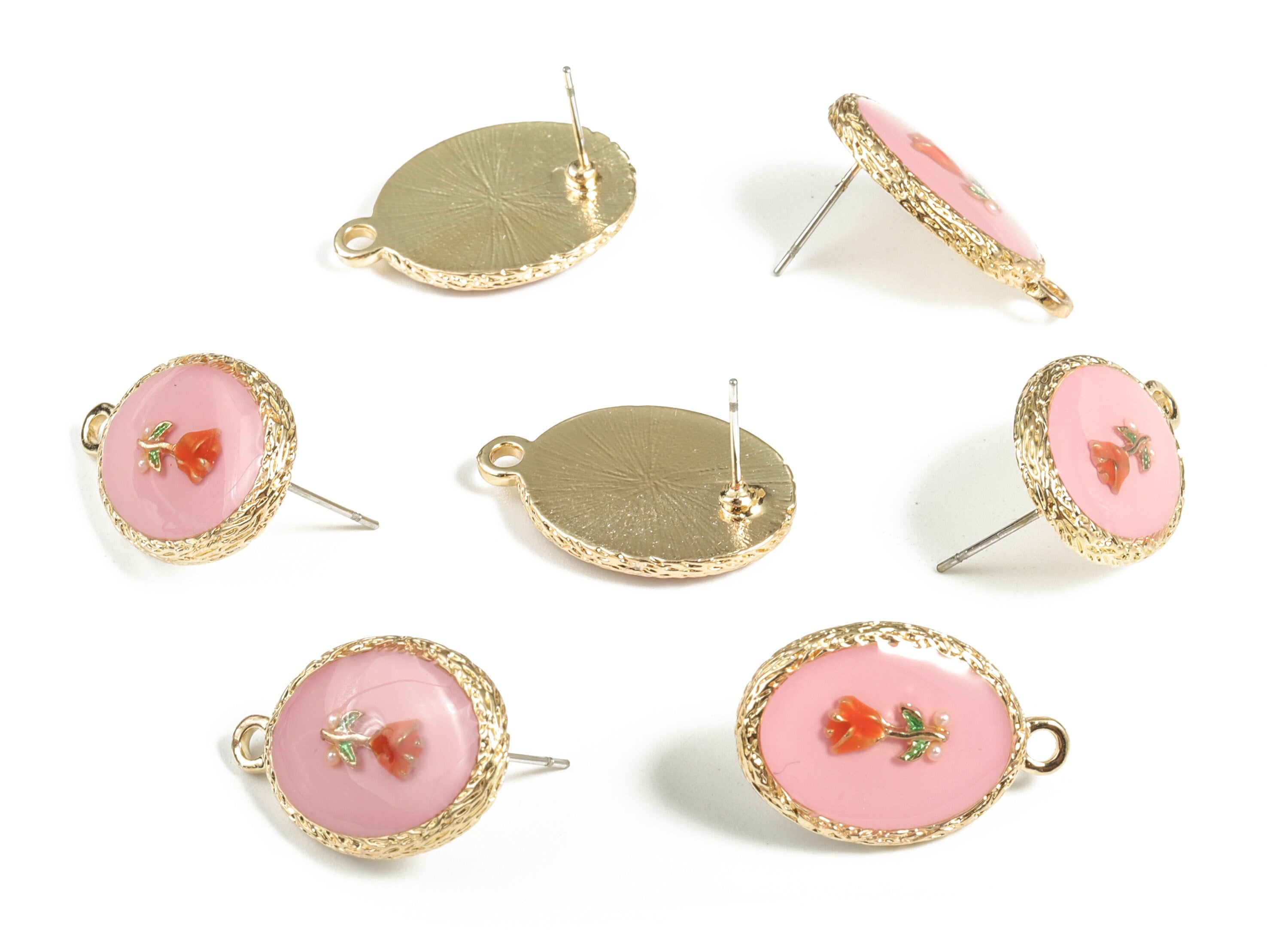 Zinc Alloy AB Glue Resin Stainless Steel Earring - Oval Flower Earring Stud - Earring Post - Gold Tone Plated Zircon - 25x16x3mm - ZZ1803 - DOMEDBAZAAR