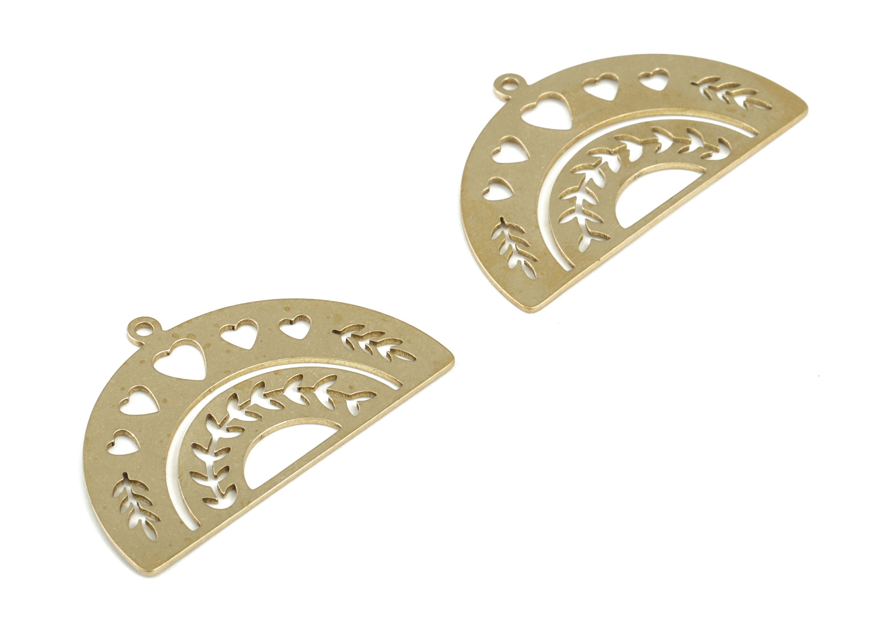 Brass Semicircle Hearts Earring Charms - Raw Brass Half Moon Pendant - Earring Findings - Jewelry Making Supplies – 34.98x21x0.75mm – PP3778 - DOMEDBAZAAR