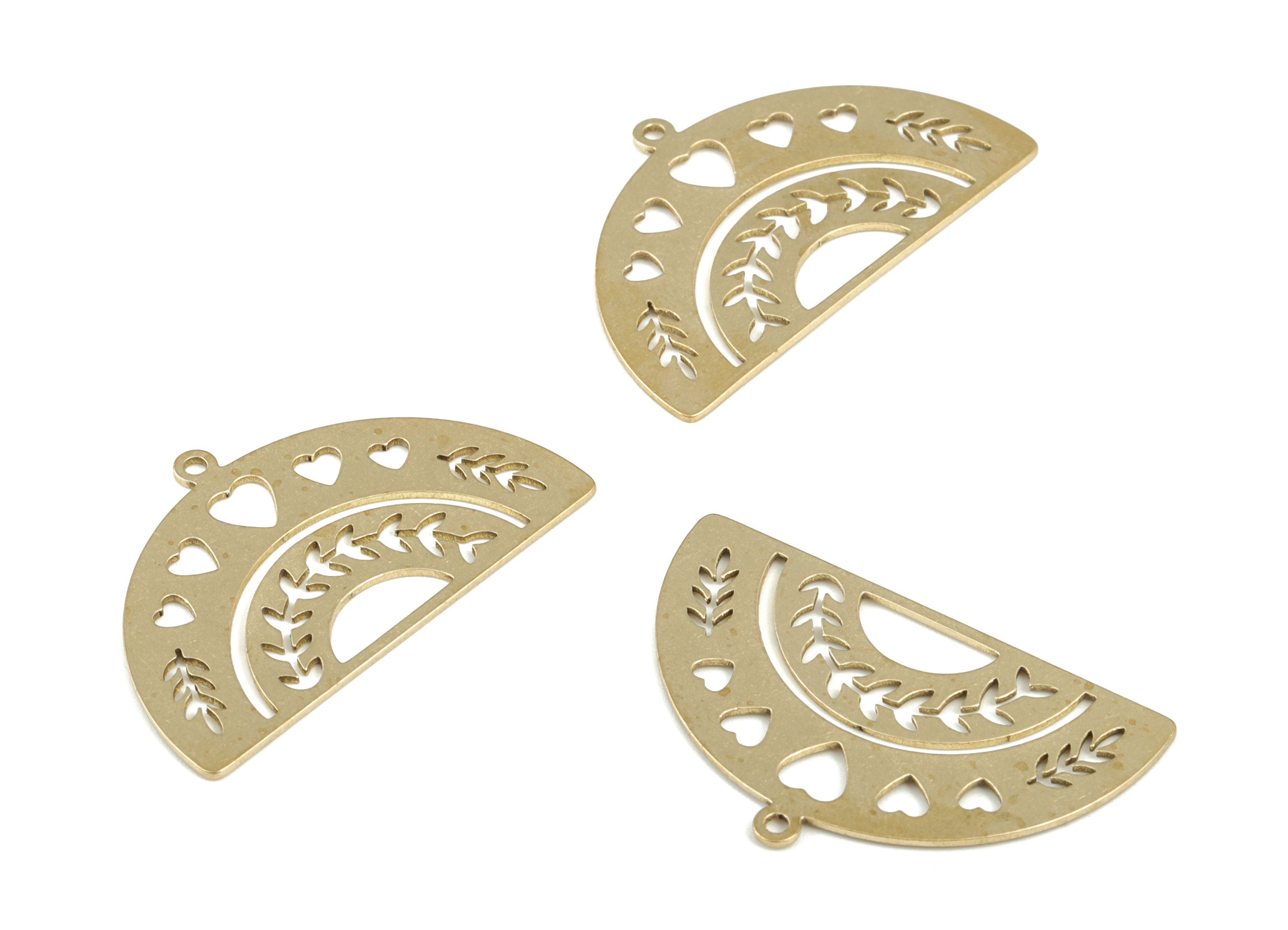 Brass Semicircle Hearts Earring Charms - Raw Brass Half Moon Pendant - Earring Findings - Jewelry Making Supplies – 34.98x21x0.75mm – PP3778 - DOMEDBAZAAR
