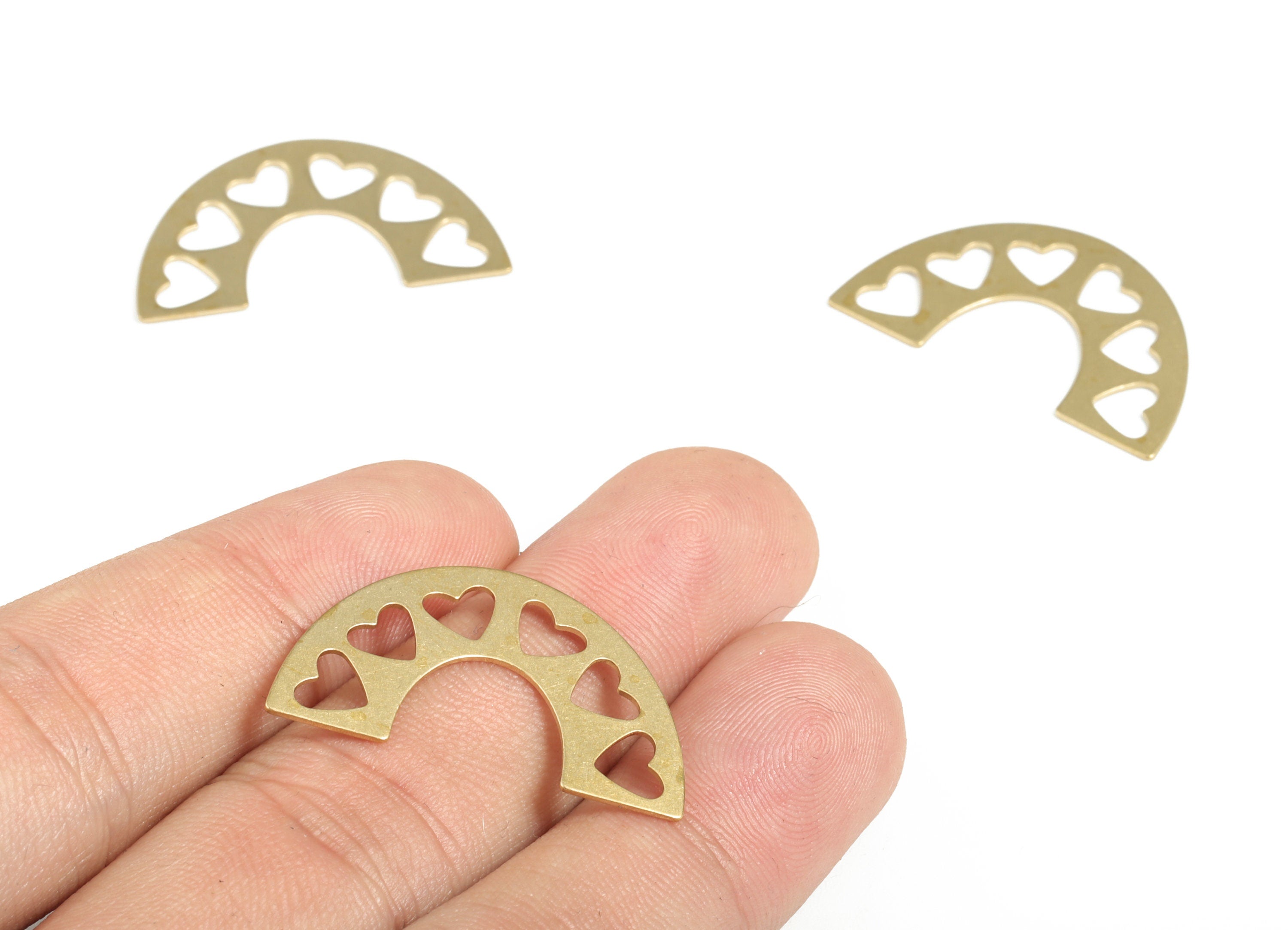 Brass Half Moon Hearts Pendant - Semi Circle Heart Earring Charms - Earring Findings - Jewelry Making Supplies - 30.0x17.77x0.62mm - PP3840 - DOMEDBAZAAR