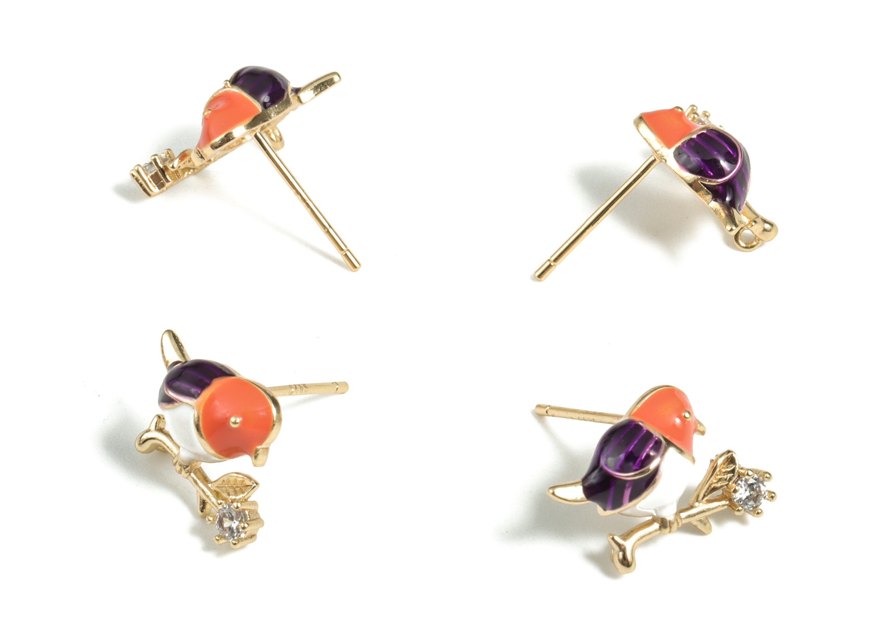 Brass Birde Flower Earring Stud With Zircons - Gold Birde Flower Earring Post - 18K Real Gold Plated Brass – 15.79x10.02x4.39mm - RGP2823 - DOMEDBAZAAR