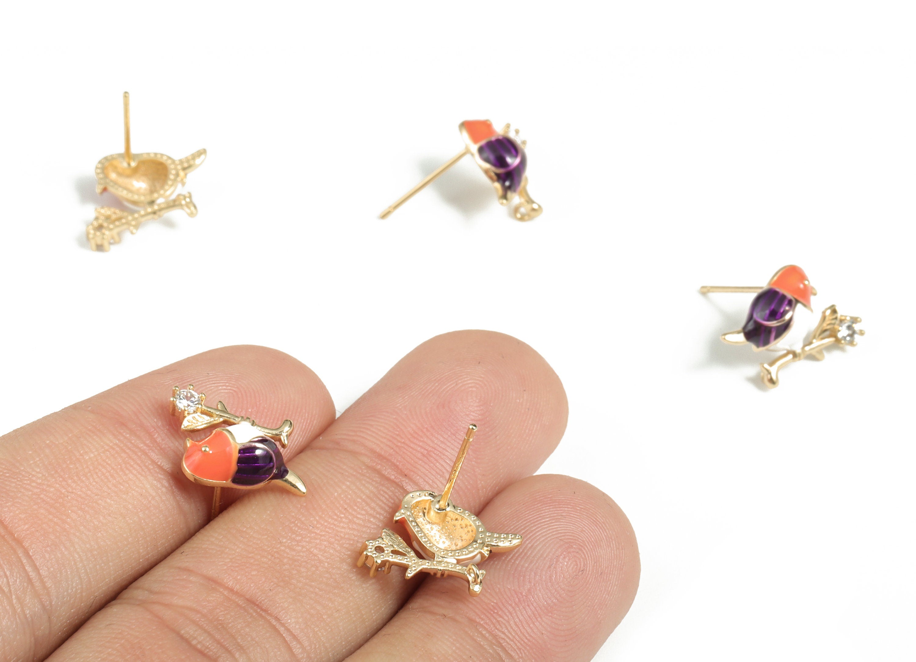 Brass Birde Flower Earring Stud With Zircons - Gold Birde Flower Earring Post - 18K Real Gold Plated Brass – 15.79x10.02x4.39mm - RGP2823 - DOMEDBAZAAR