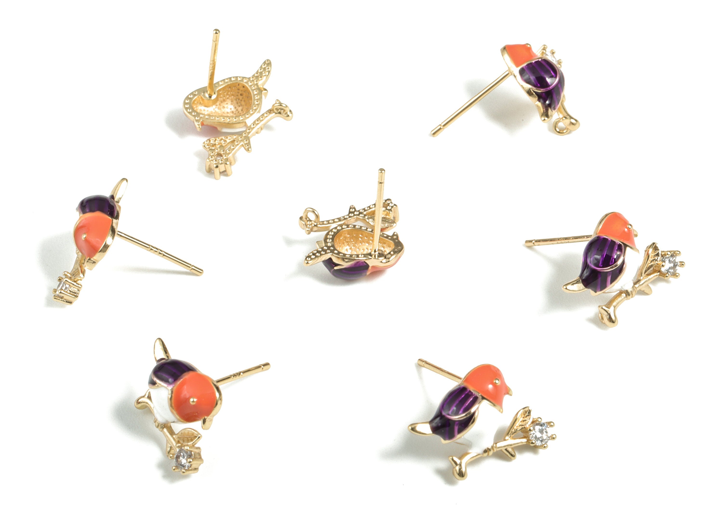 Brass Birde Flower Earring Stud With Zircons - Gold Birde Flower Earring Post - 18K Real Gold Plated Brass – 15.79x10.02x4.39mm - RGP2823 - DOMEDBAZAAR