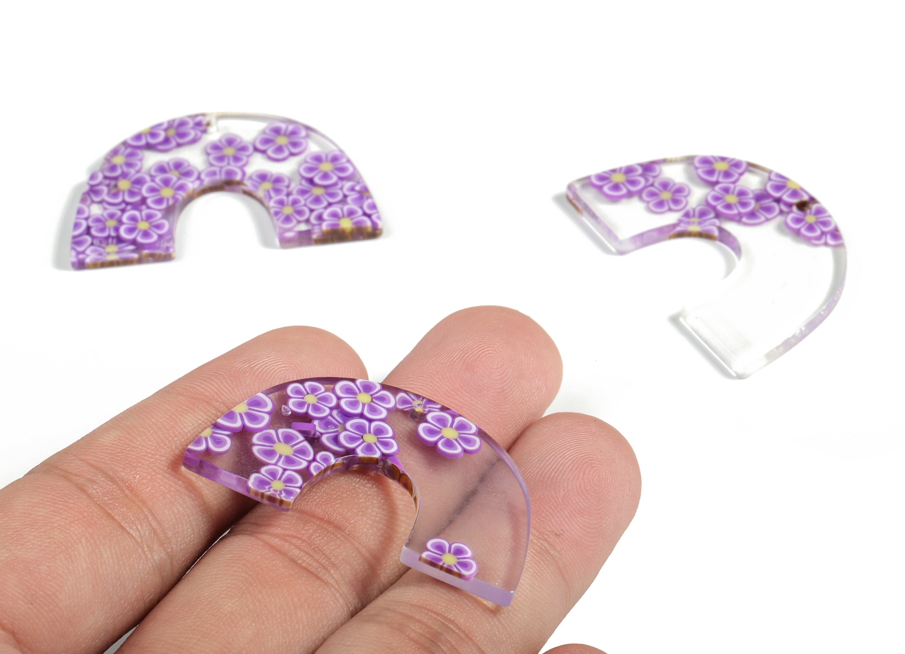 Acrylic Semicircle Earring Charms - Acrylic Purple Flower U Pendant - Jewelry Supplies - Color Code: A593 – 40.07x25.77x2.72mm - AC2018-A593 - DOMEDBAZAAR