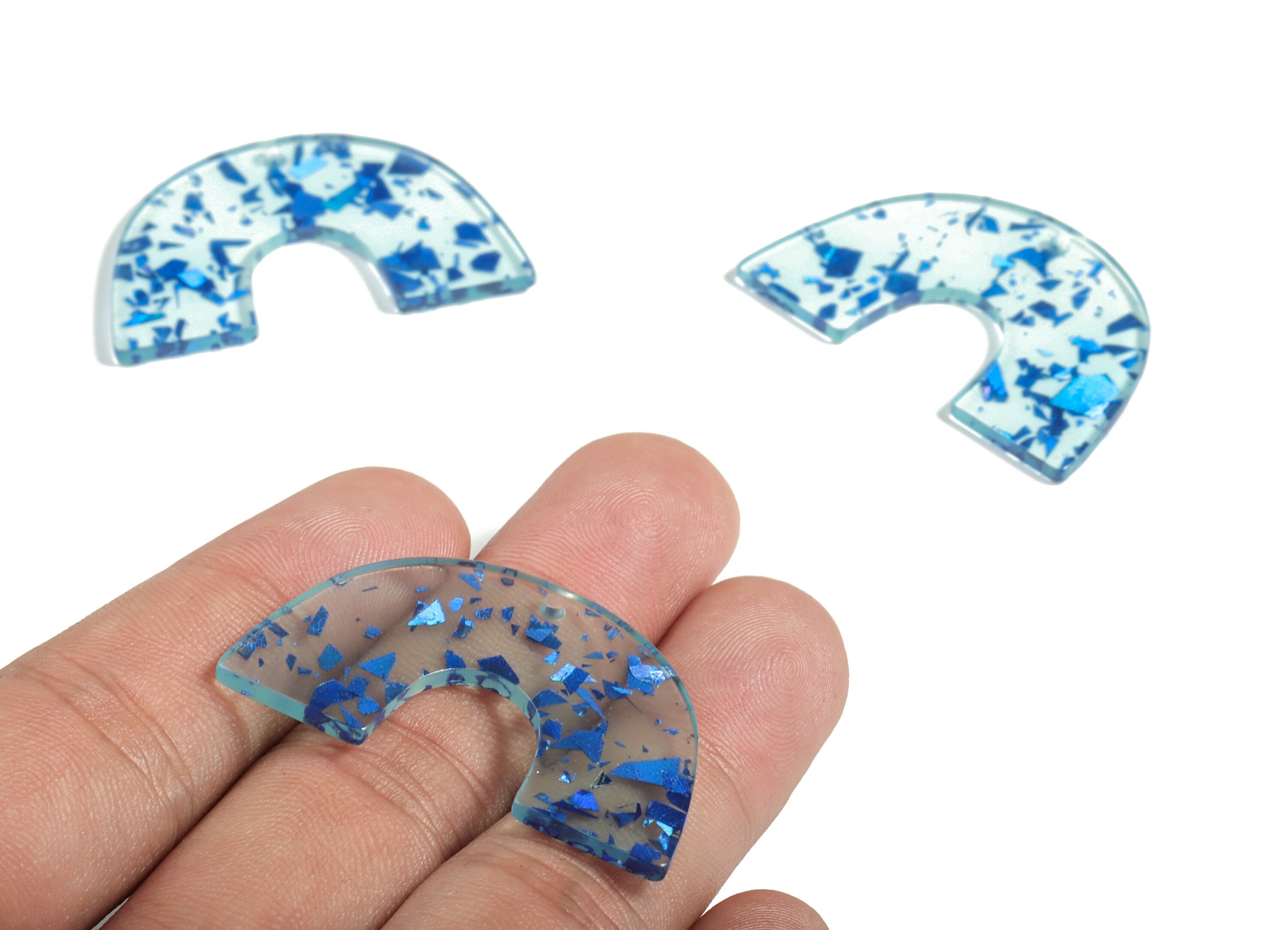 Acrylic Semicircle Earring Charms - Acrylic U Pendant - Blue Foil and Confetti - Color Code:A621 - 40.34x25.81x2.39mm - AC2018-A621 - DOMEDBAZAAR