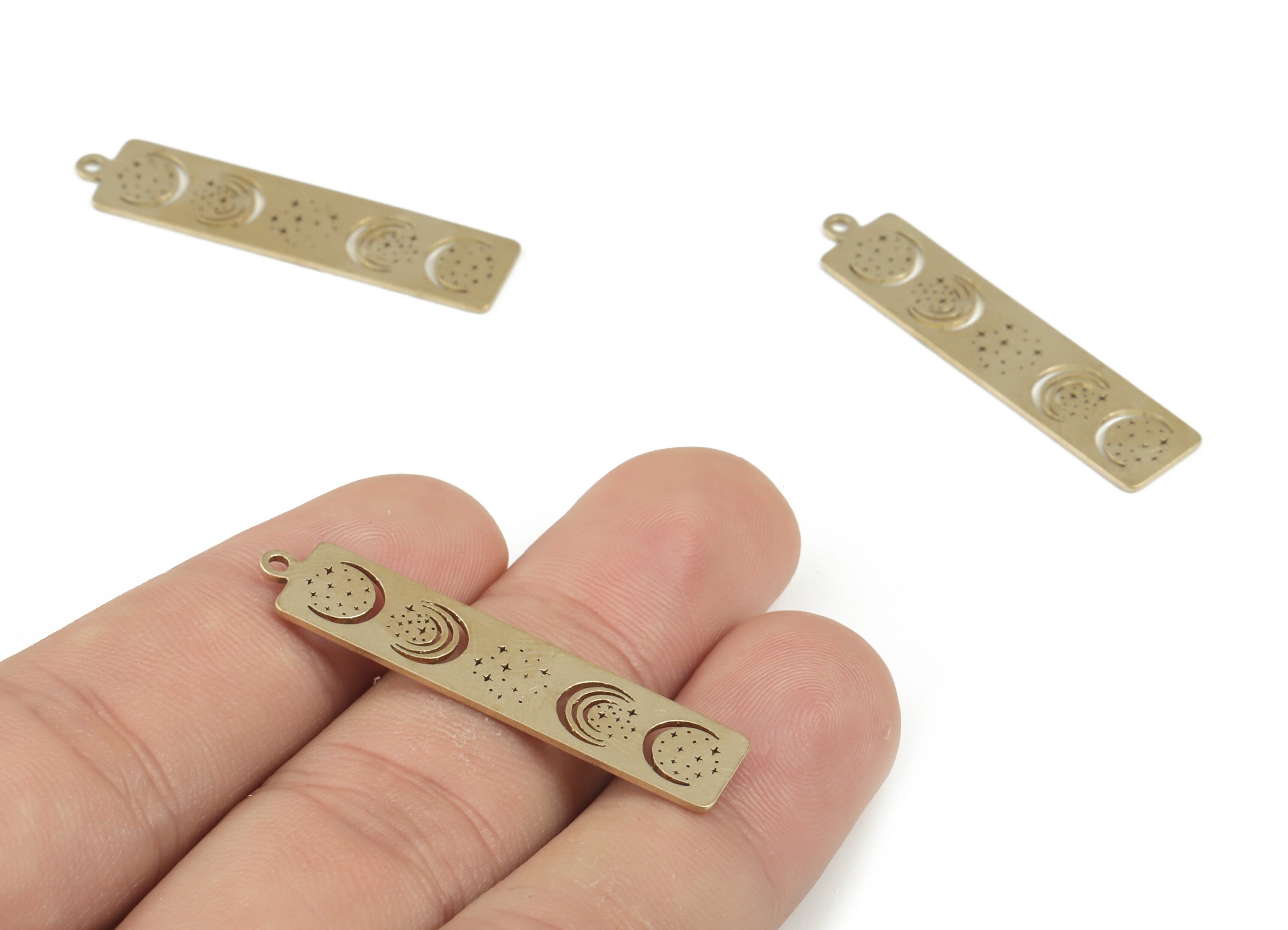 Brass Rectangle Stars Earring Charms - Raw Brass Rectangle Moon Pendant - Jewelry Making Supplies - 38.18x8.73x0.7mm - PP3947 - DOMEDBAZAAR