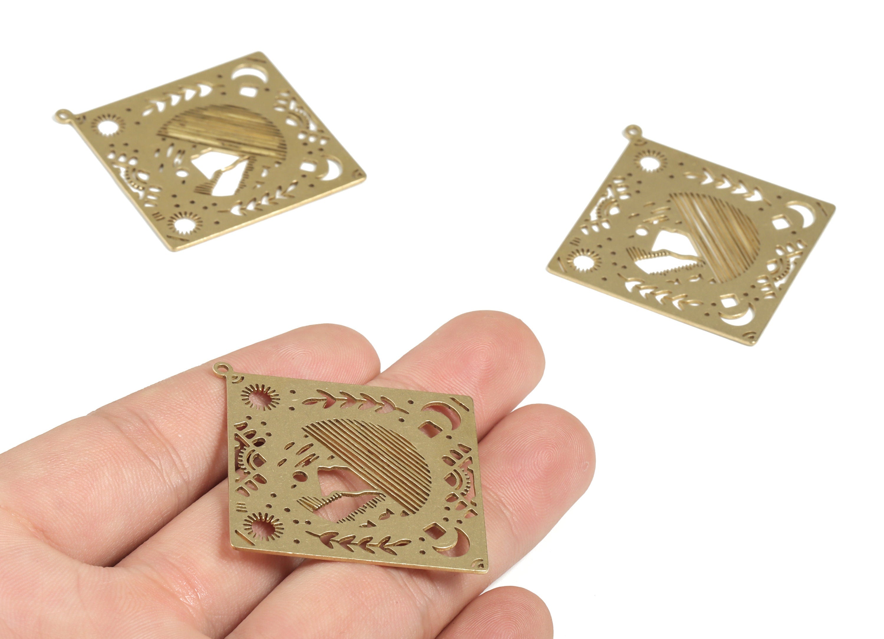 Brass Square Sun Moon Earring Charms - Raw Brass Square Branch Pendant - Jewelry Making Supplies - 52.71x50.18x0.74mm - PP3952 - DOMEDBAZAAR