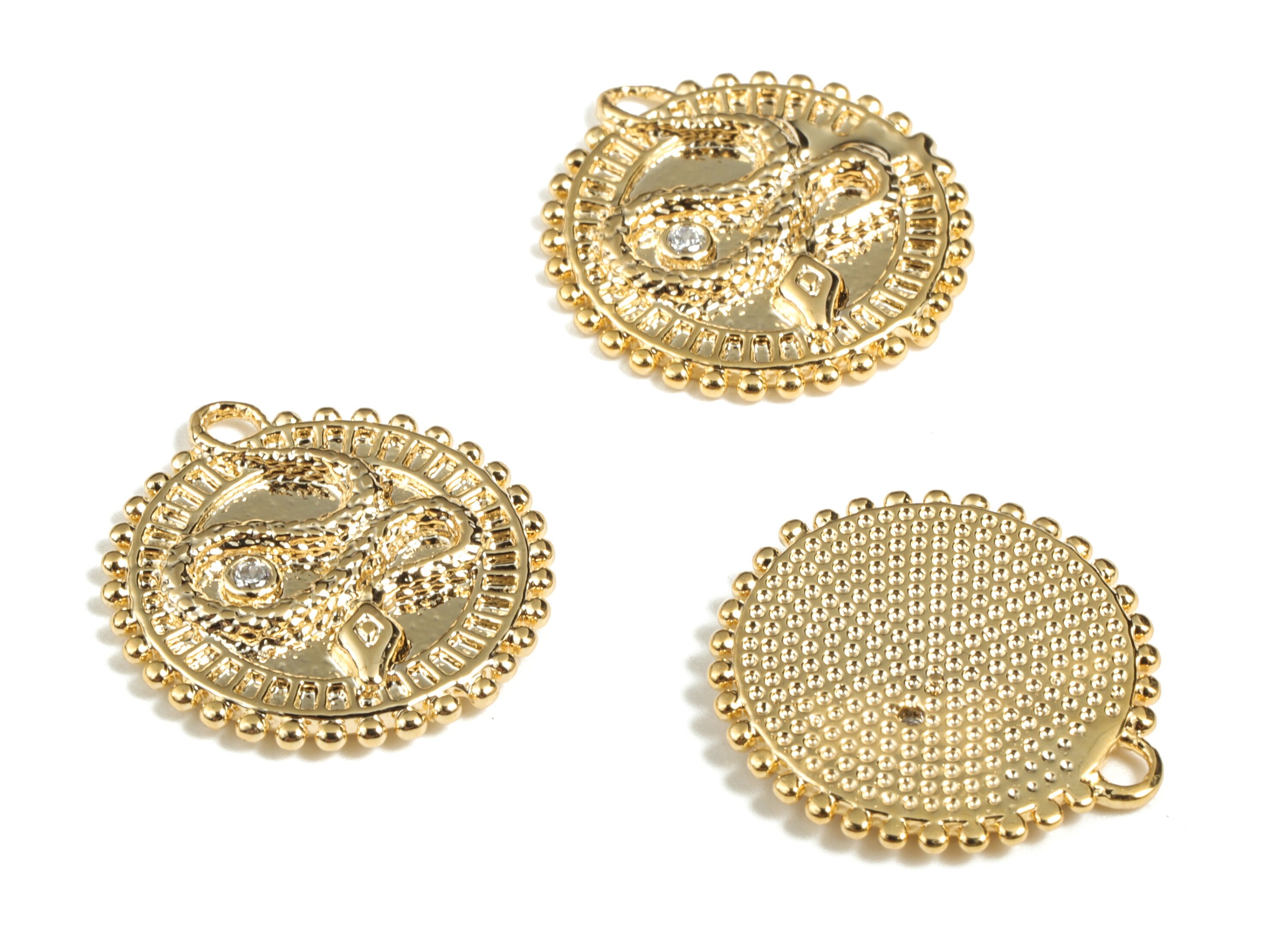 Brass Round Snake Earring Charms With Zircon - Gold Circle Snake Pendant - 18K Real Gold Plating - 17.86x16.65x1.88mm - RGP2870 - DOMEDBAZAAR